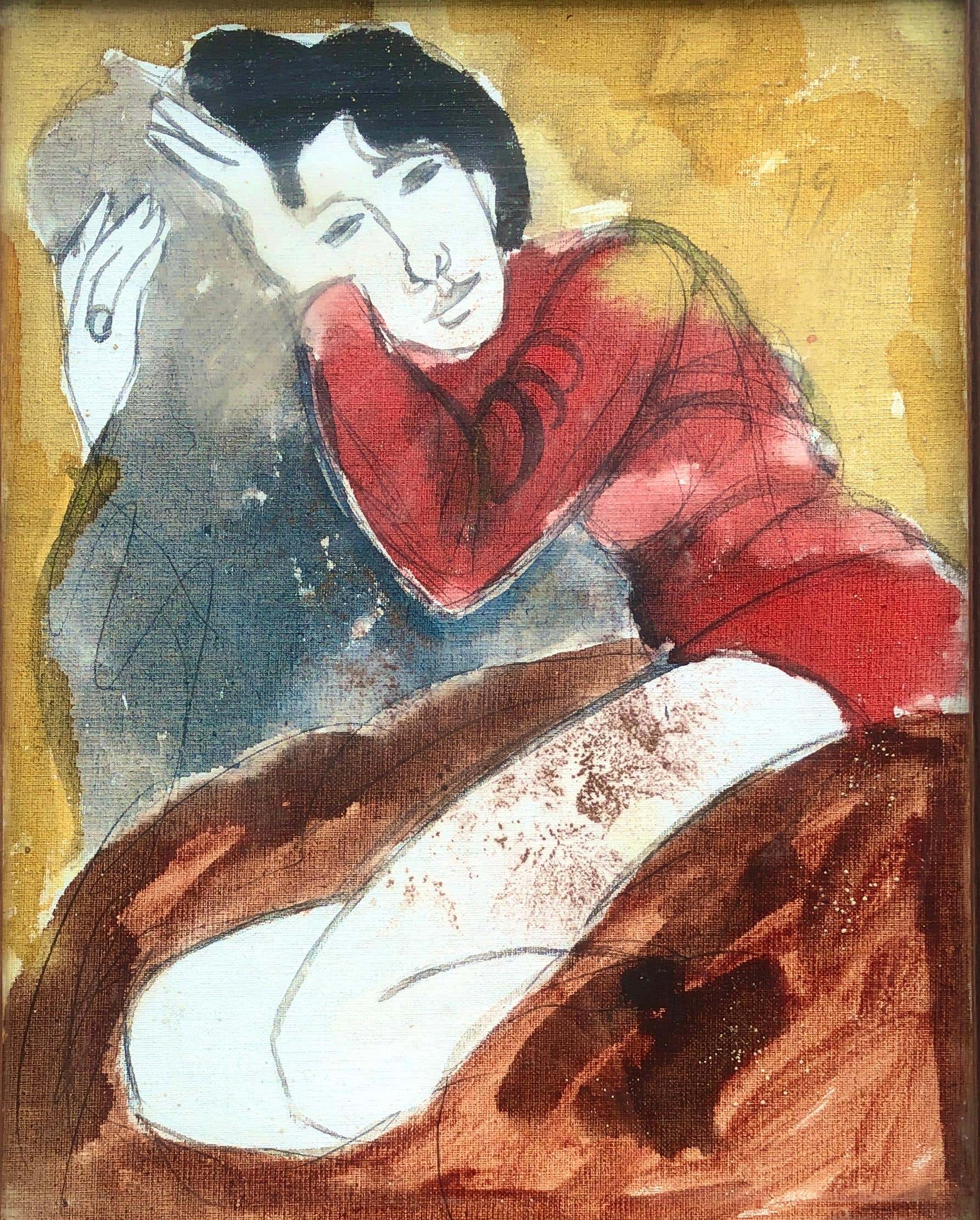 Mujer posando pintura en técnica mixta