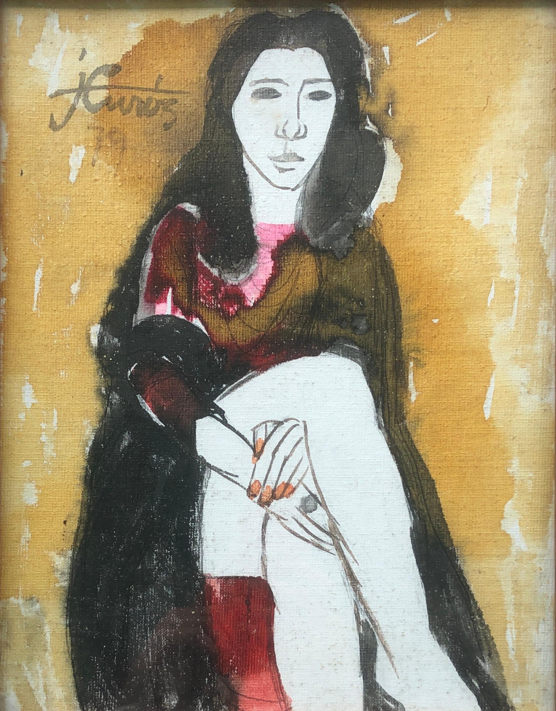 Jordi Curos Portrait Painting – Frau posiert in Mischtechnik Gemälde