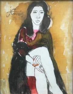 Retro Woman posing mixed media painting