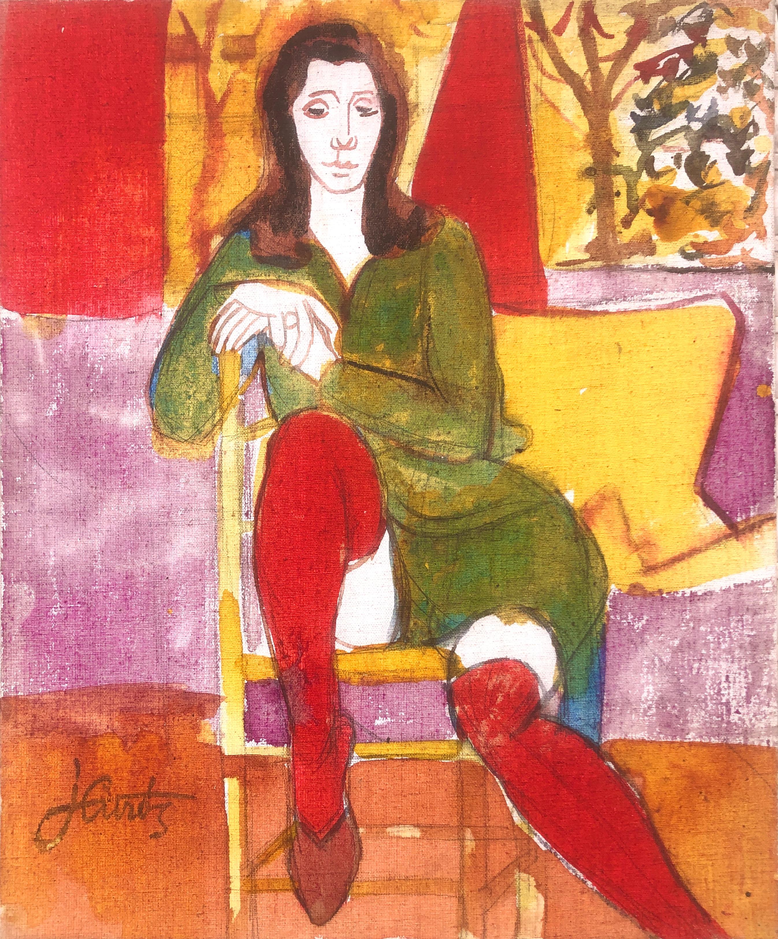 Donna in posa pittura a tecnica mista