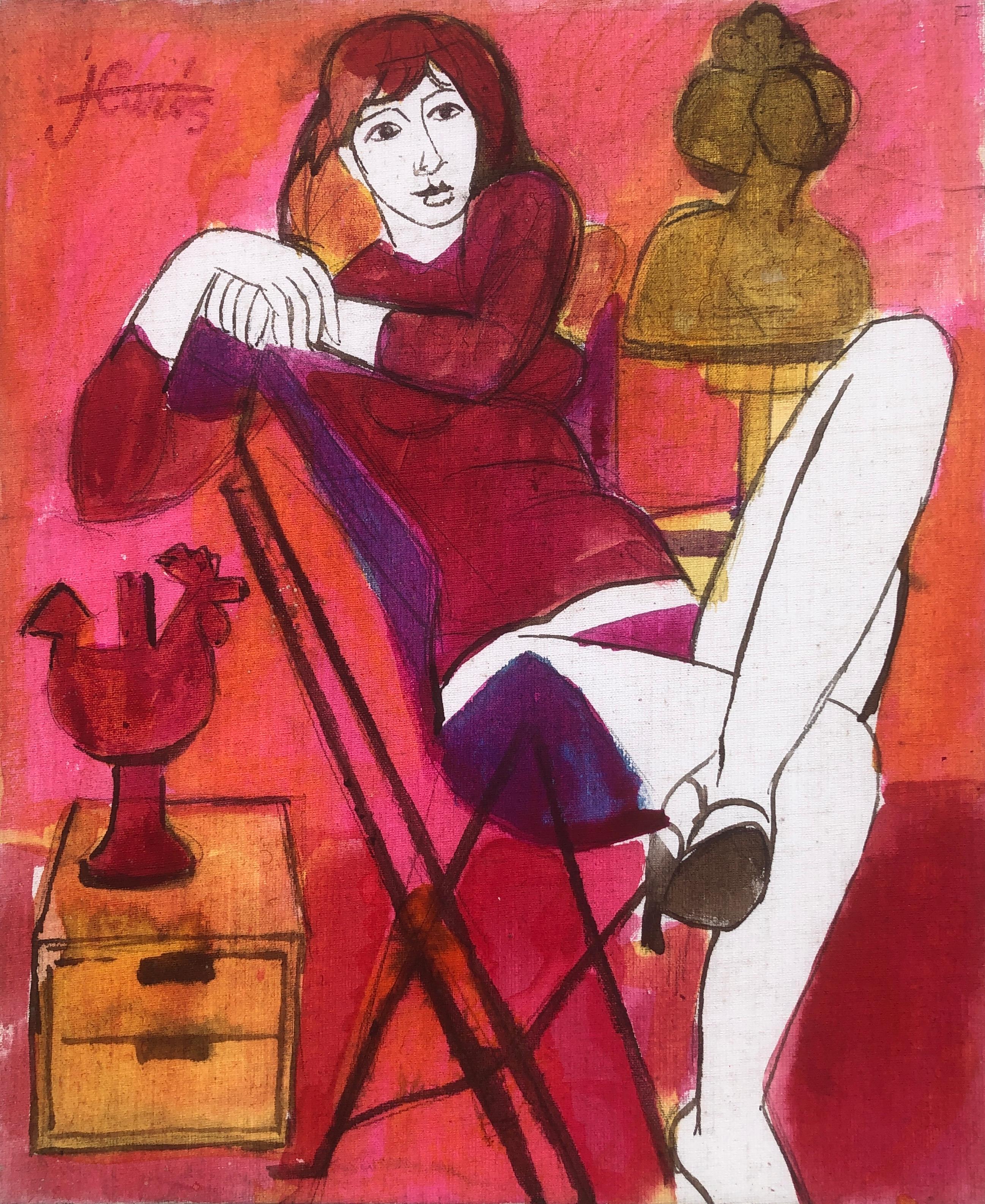 Woman posing mixed media painting