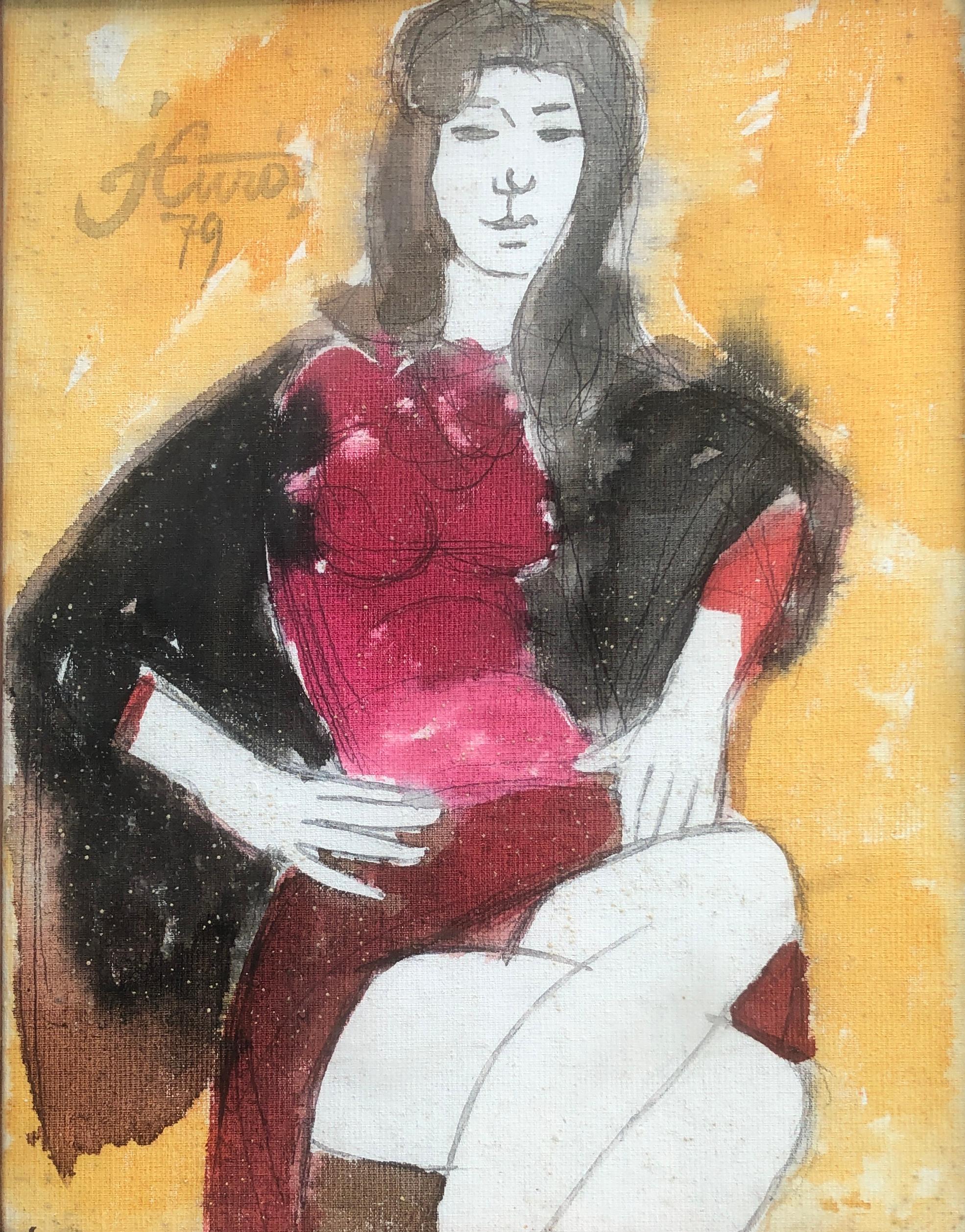 Jordi Curos Portrait Painting – Frau posiert in Mischtechnik Gemälde