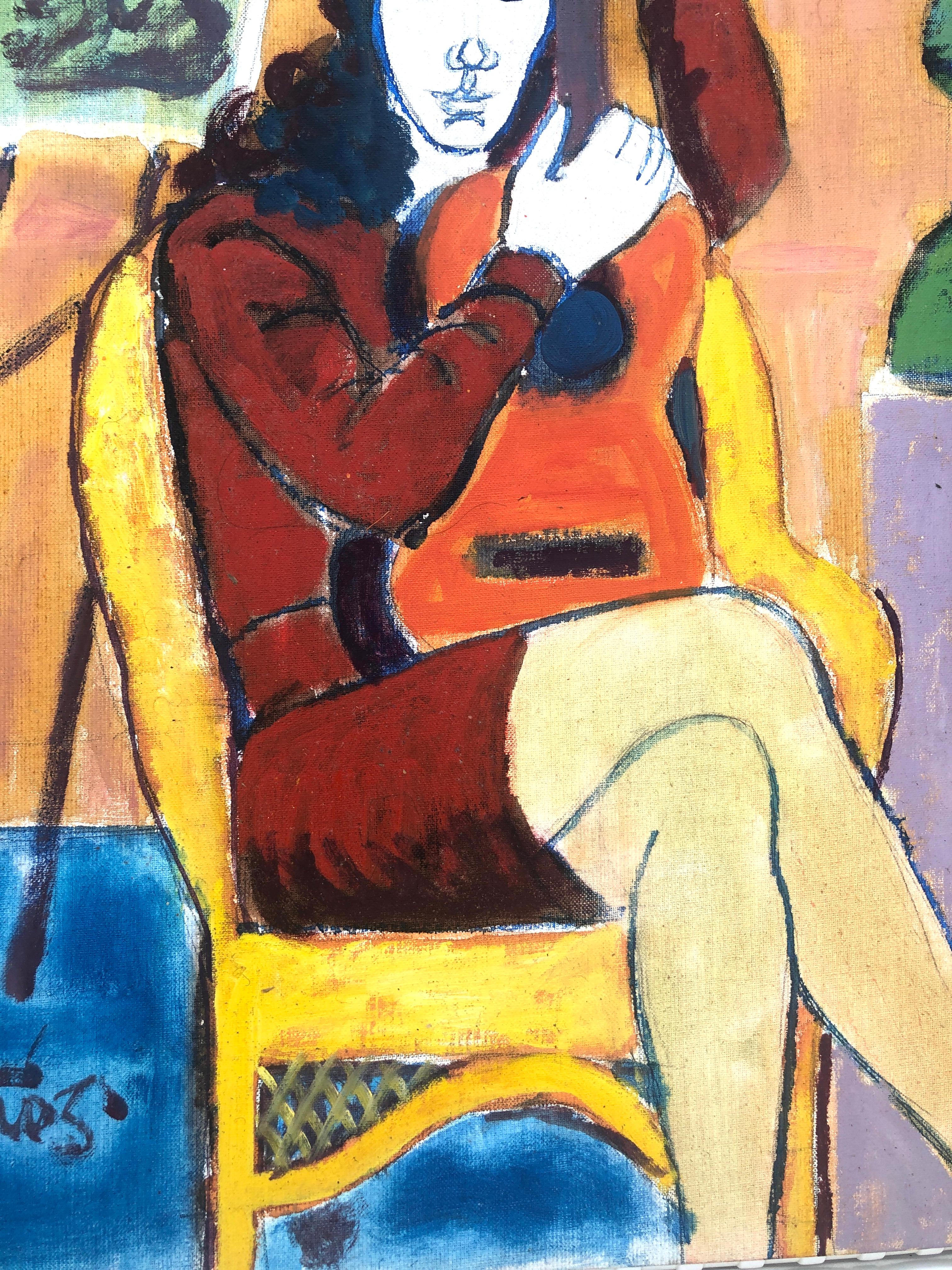 Donna in posa con chitarra pittura acrilica - Painting Fauvismo di Jordi Curos