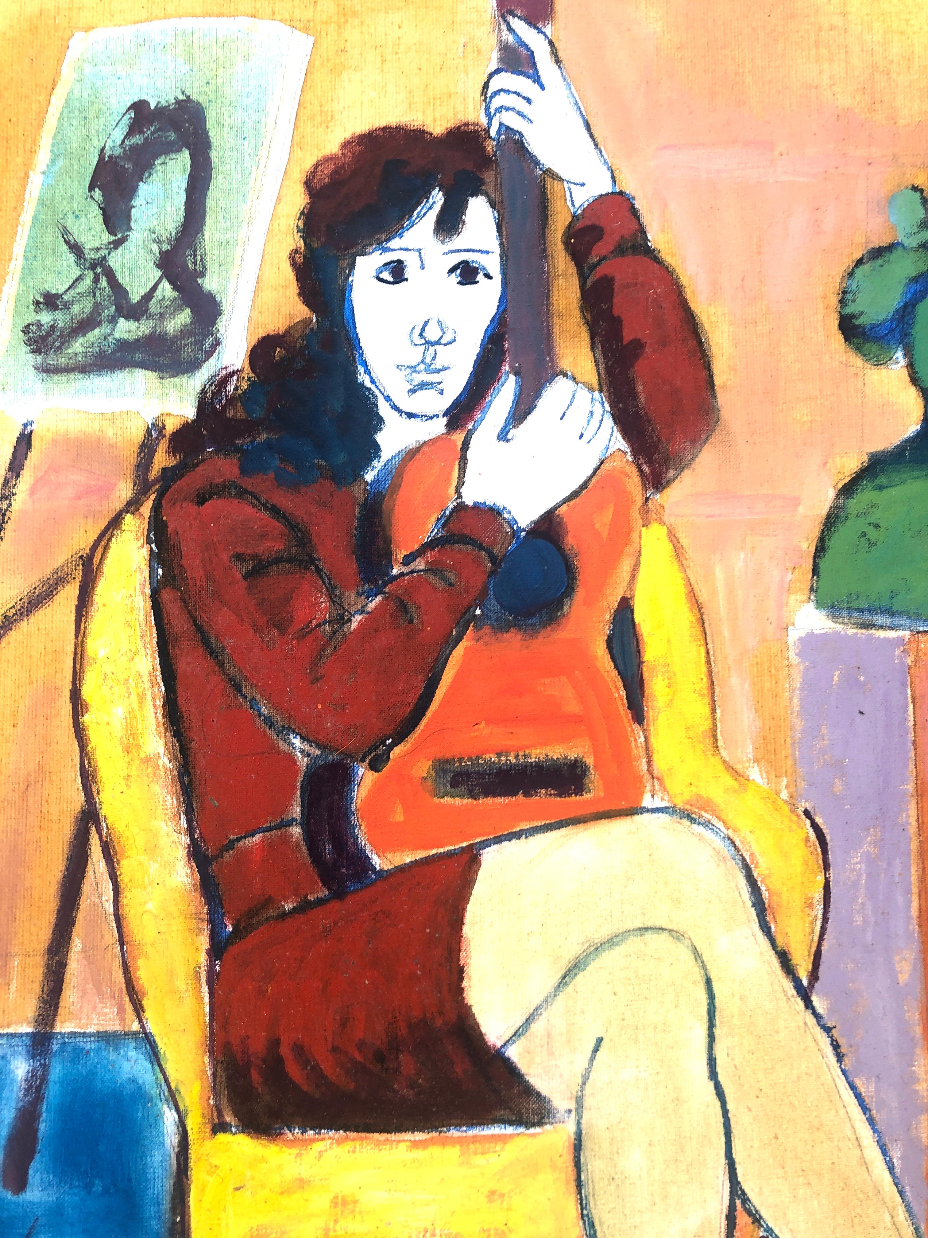 Donna in posa con chitarra pittura acrilica - Portrait Painting Beige di Jordi Curos