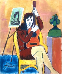 Woman posing with guitar acrylic painting