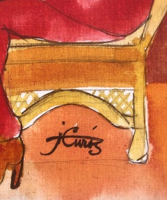 Woman Posing with Guitar, Fauvist Mixed Media Painting, Circa 1970s