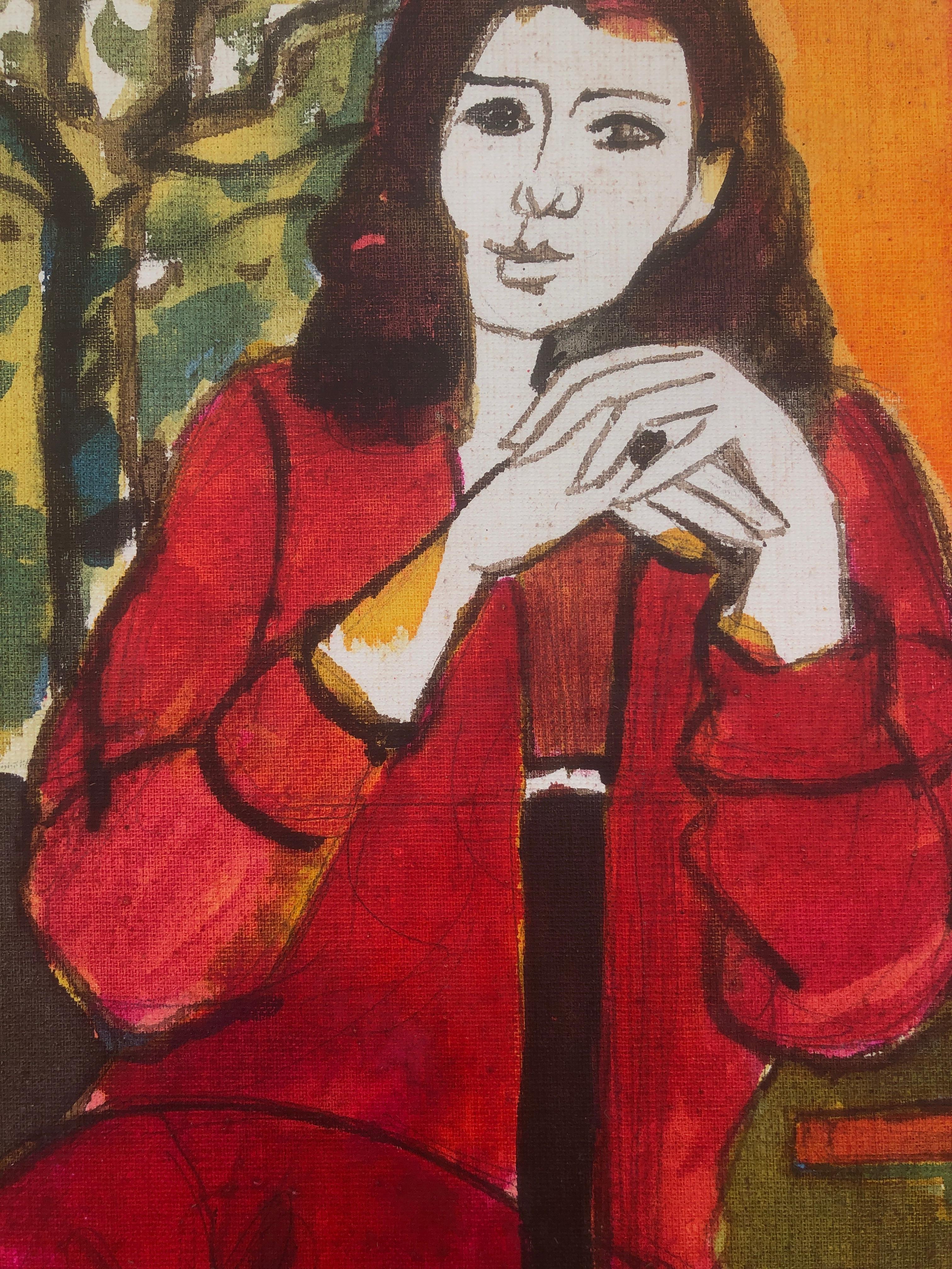 Femme posant avec une guitare peinture mixed media - Fauvisme Painting par Jordi Curos