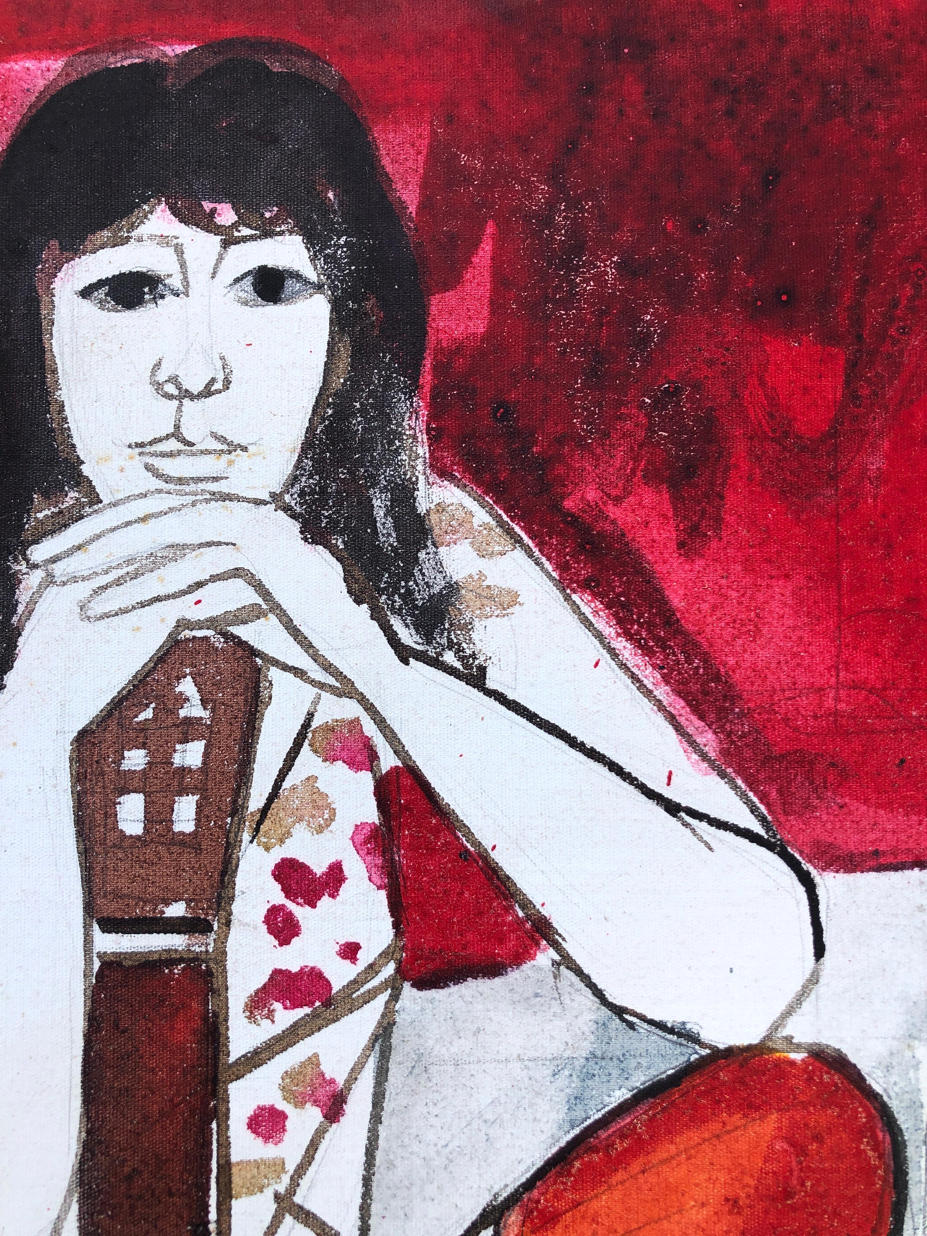 Donna in posa con chitarra pittura a tecnica mista - Interior Painting Beige di Jordi Curos