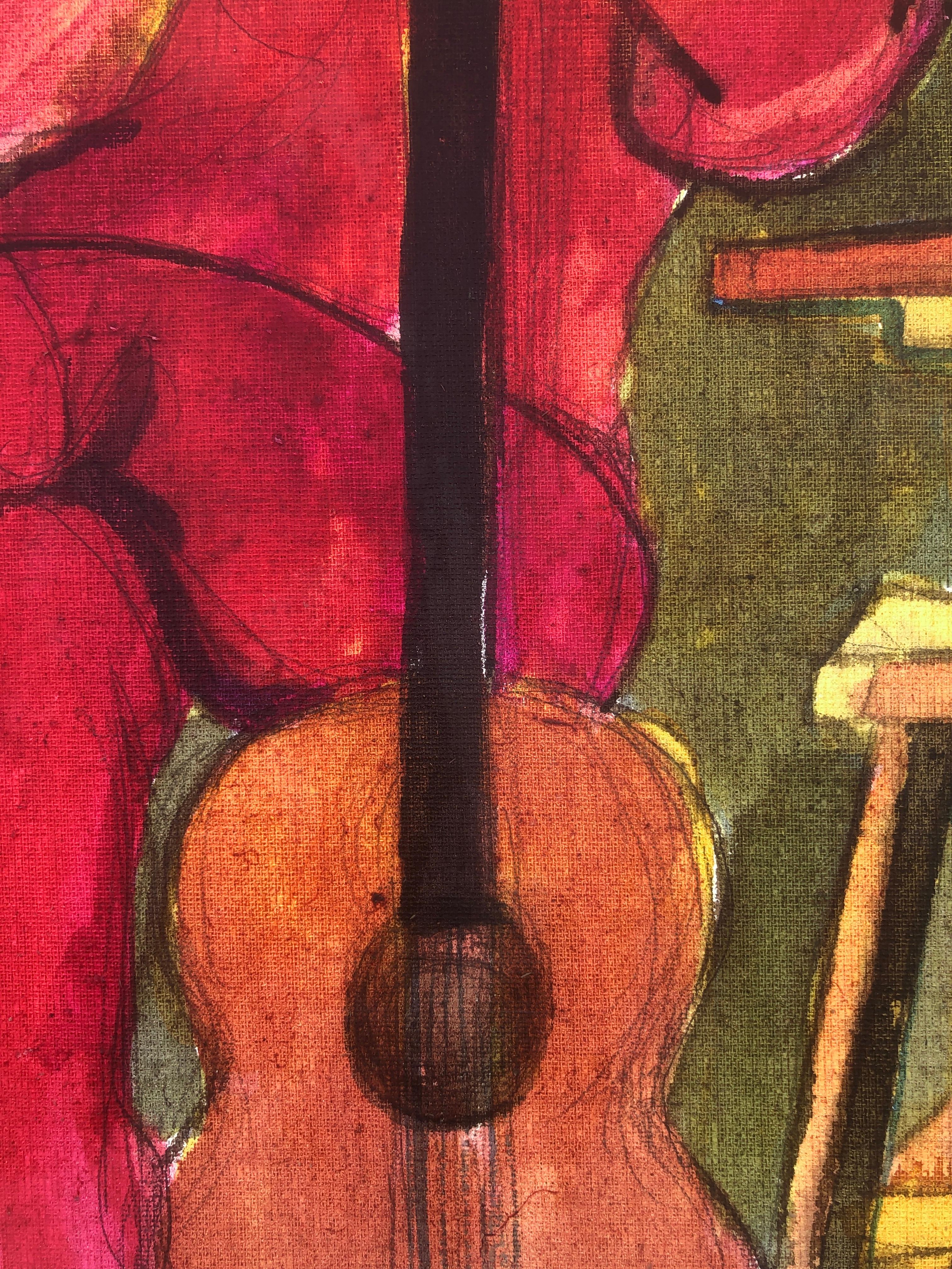 Femme posant avec une guitare peinture mixed media 1