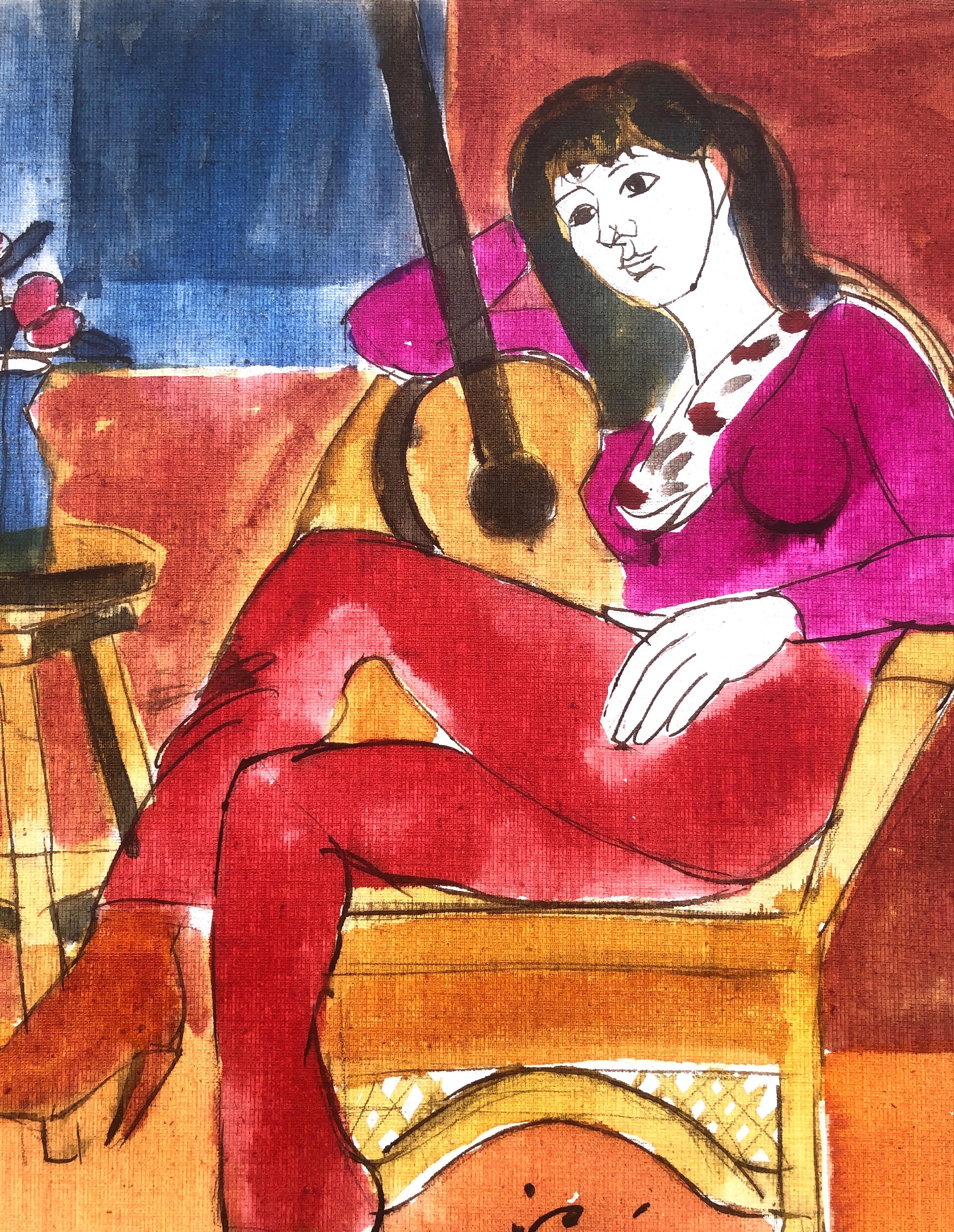 Woman posing with guitar mixed media painting For Sale 3
