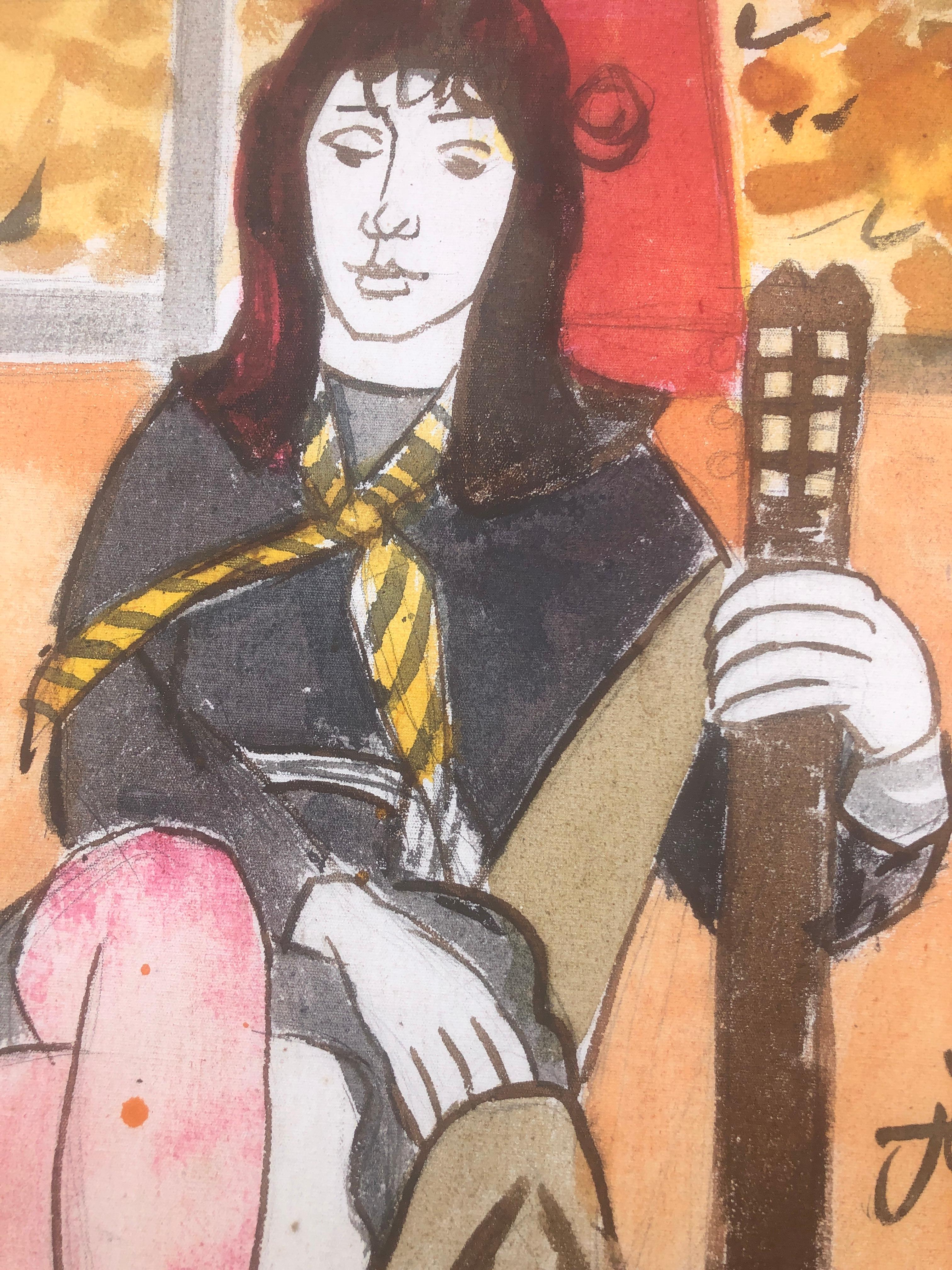 Donna in posa con chitarra pittura a tecnica mista 2