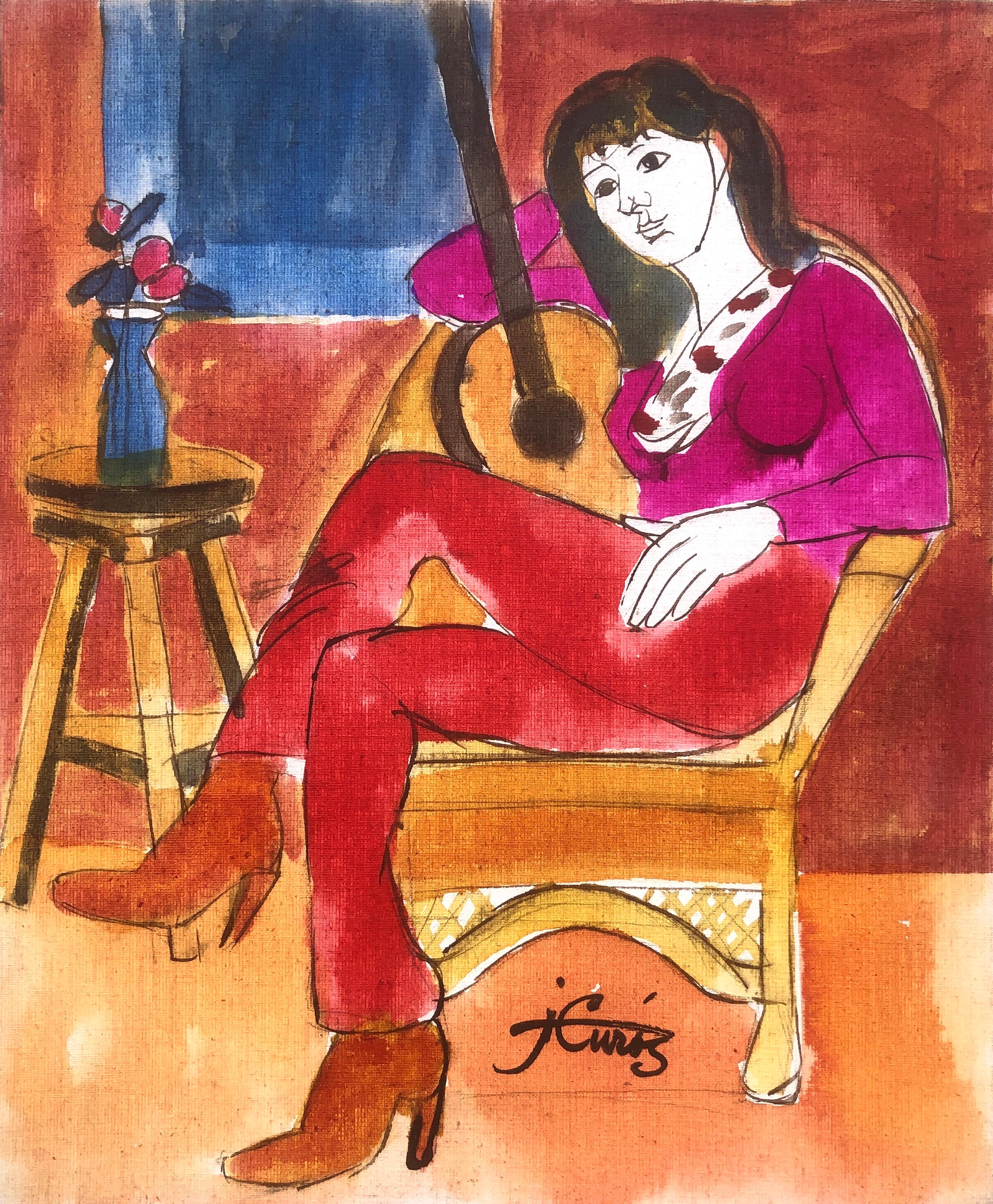 Jordi Curos Portrait Painting – Frau, die mit Gitarre posiert, Gemälde in Mischtechnik