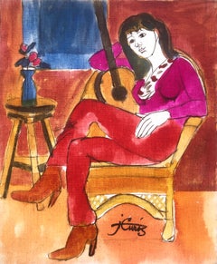 Donna in posa con chitarra pittura a tecnica mista