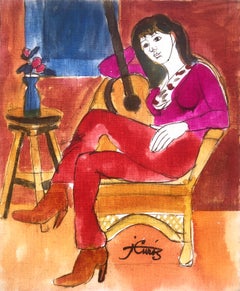 Mujer posando con guitarra pintura en técnica mixta