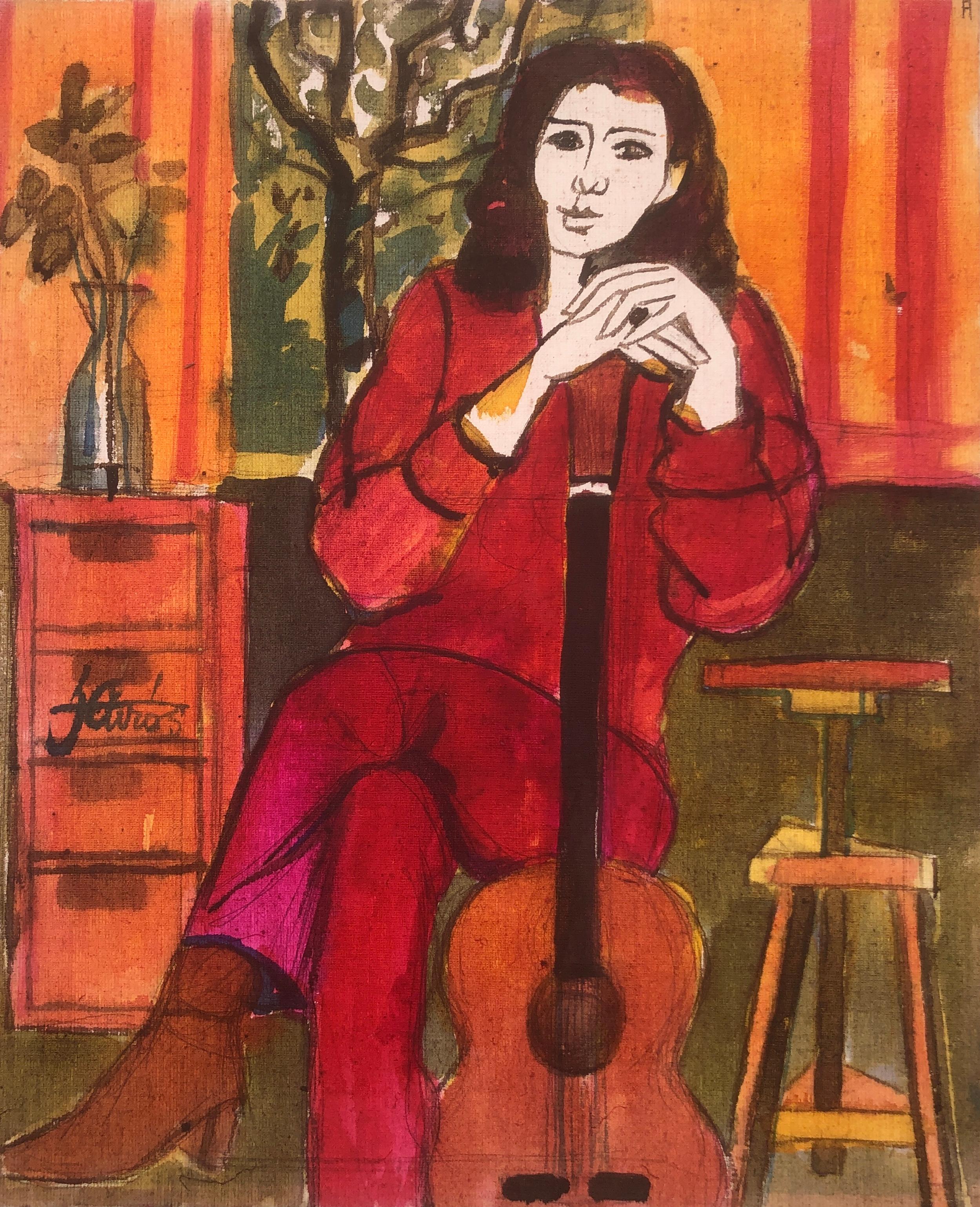 Jordi Curos Portrait Painting – Frau, die mit Gitarre posiert, Gemälde in Mischtechnik