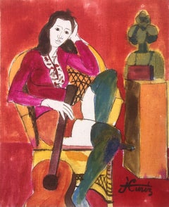 Femme posant avec une guitare peinture mixed media