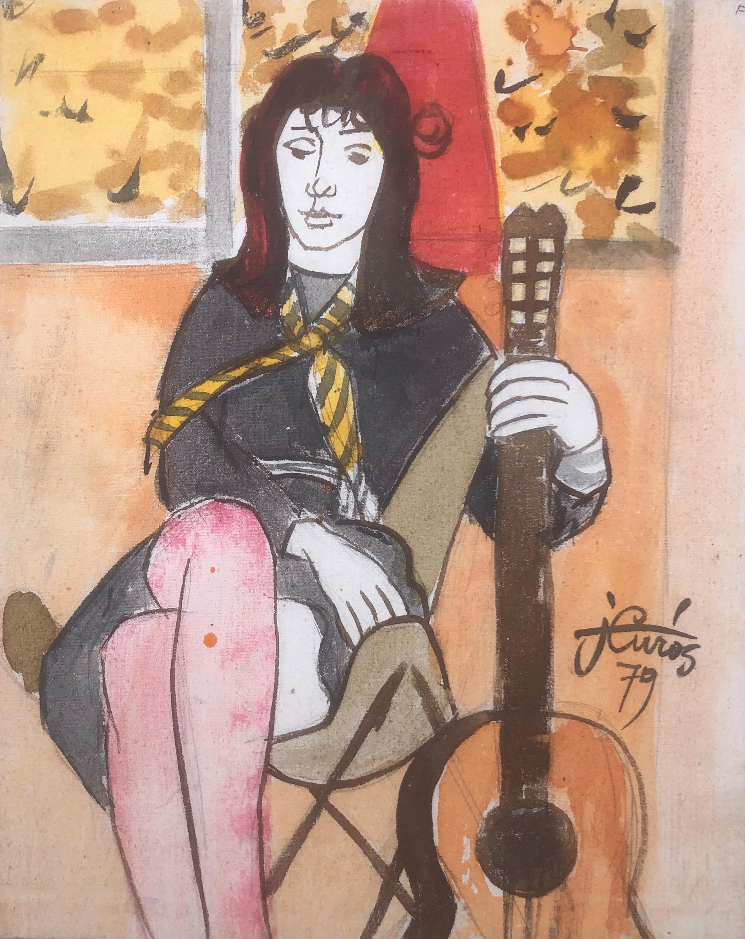 Portrait Painting di Jordi Curos - Donna in posa con chitarra pittura a tecnica mista