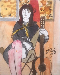Vintage Woman posing with guitar mixed media painting