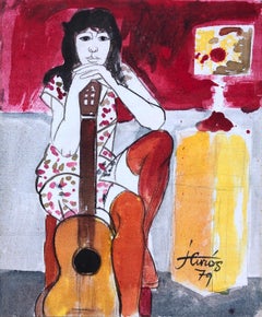 Woman posing with guitar mixed media painting