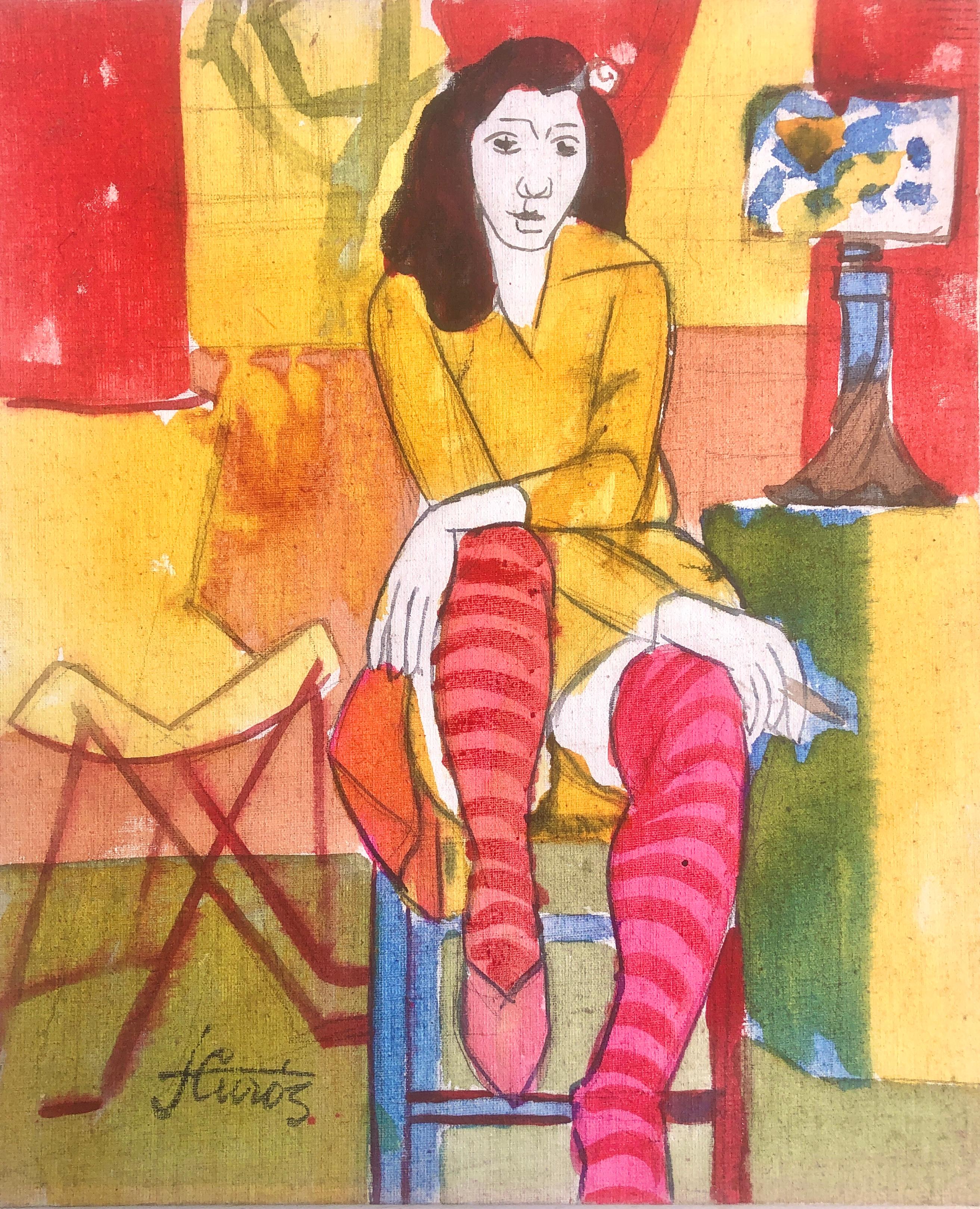 Jordi Curos Portrait Painting - woman smoking mixed media painting