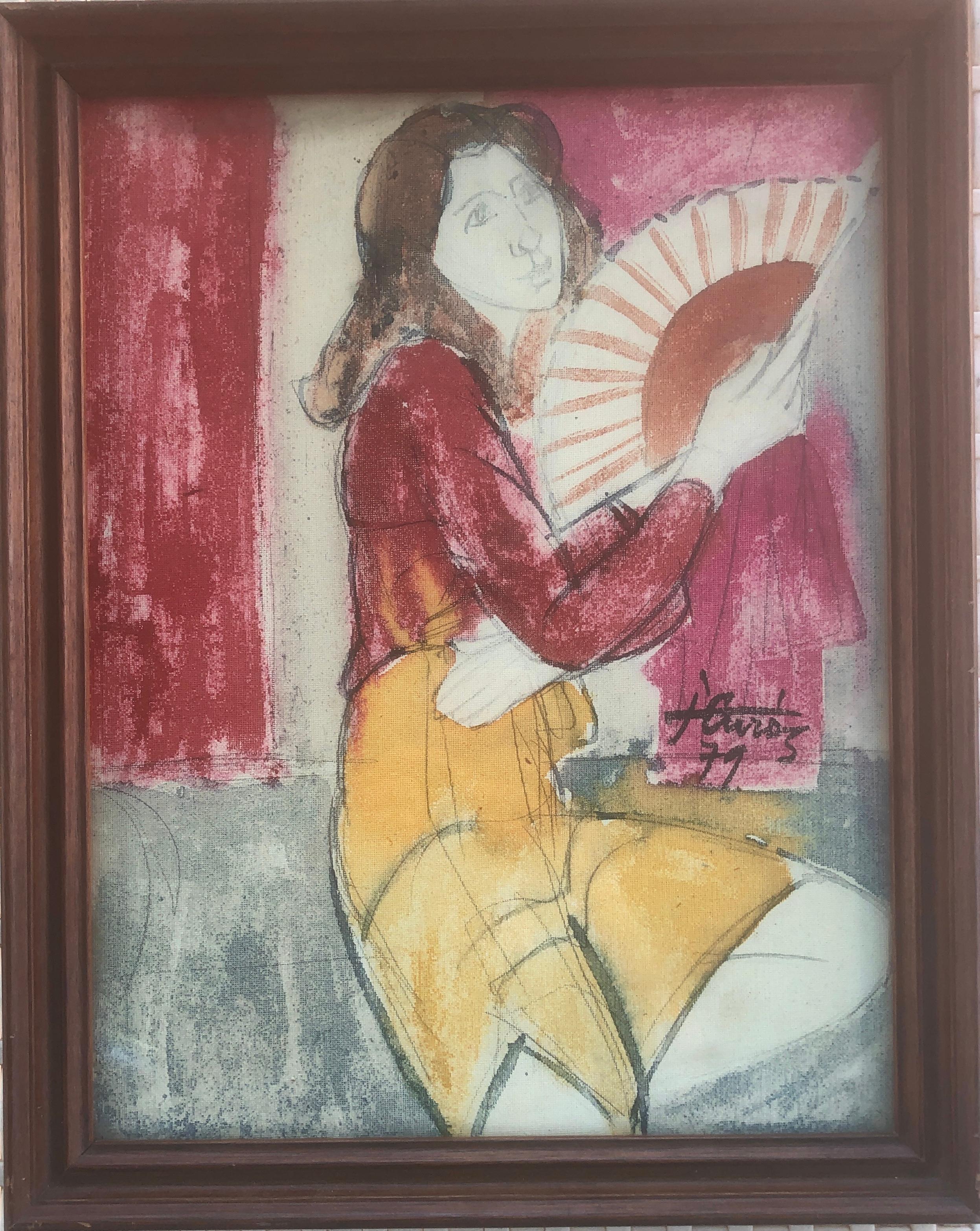 Frau mit Fächergemälde, Mischtechnik-Gemälde – Painting von Jordi Curos