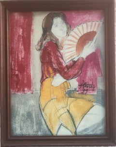 Frau mit Fächergemälde, Mischtechnik-Gemälde