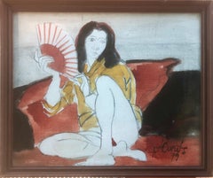 Femme avec éventail peinture mixte