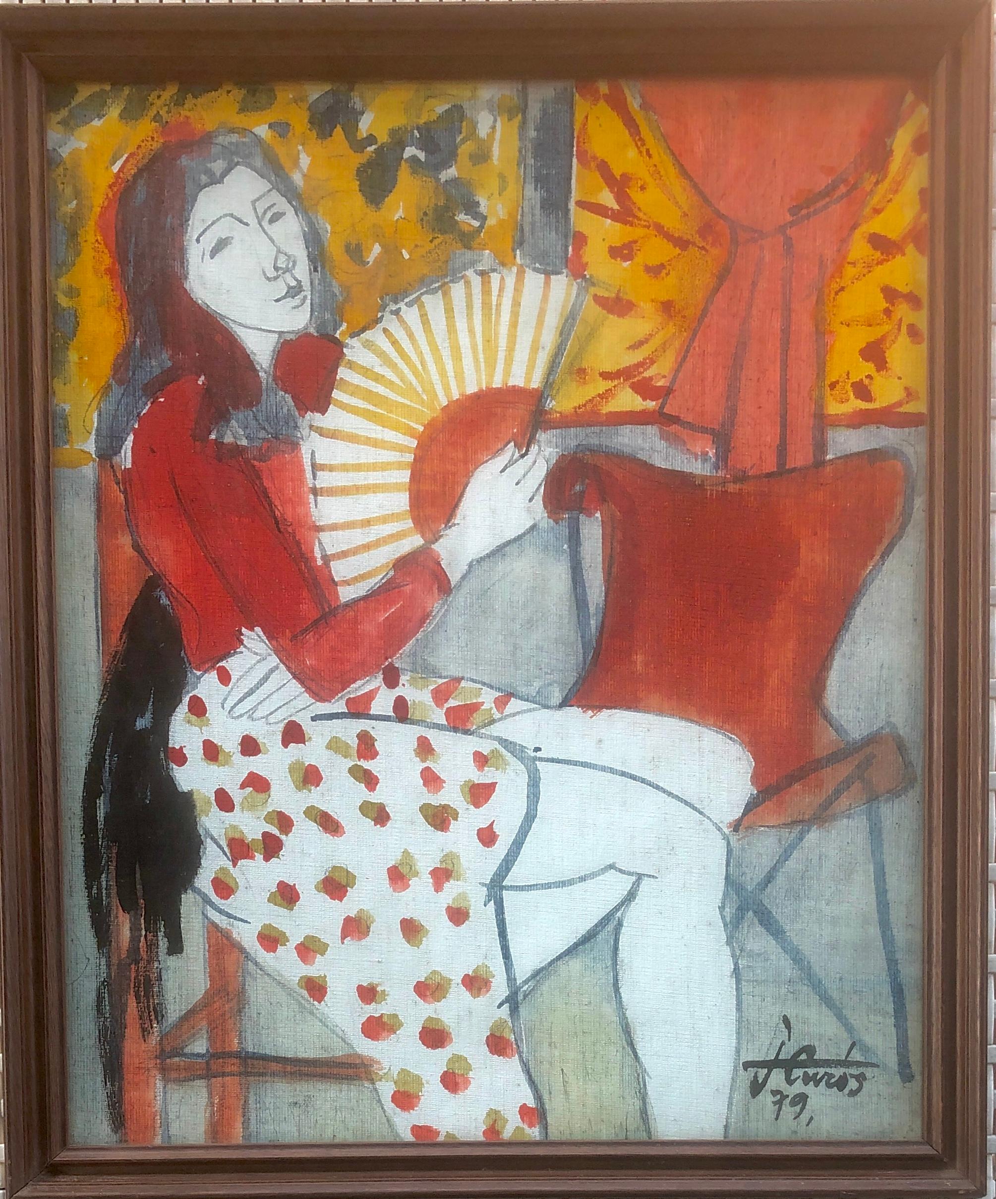 Woman with fan mixed media painting - Painting by Jordi Curos