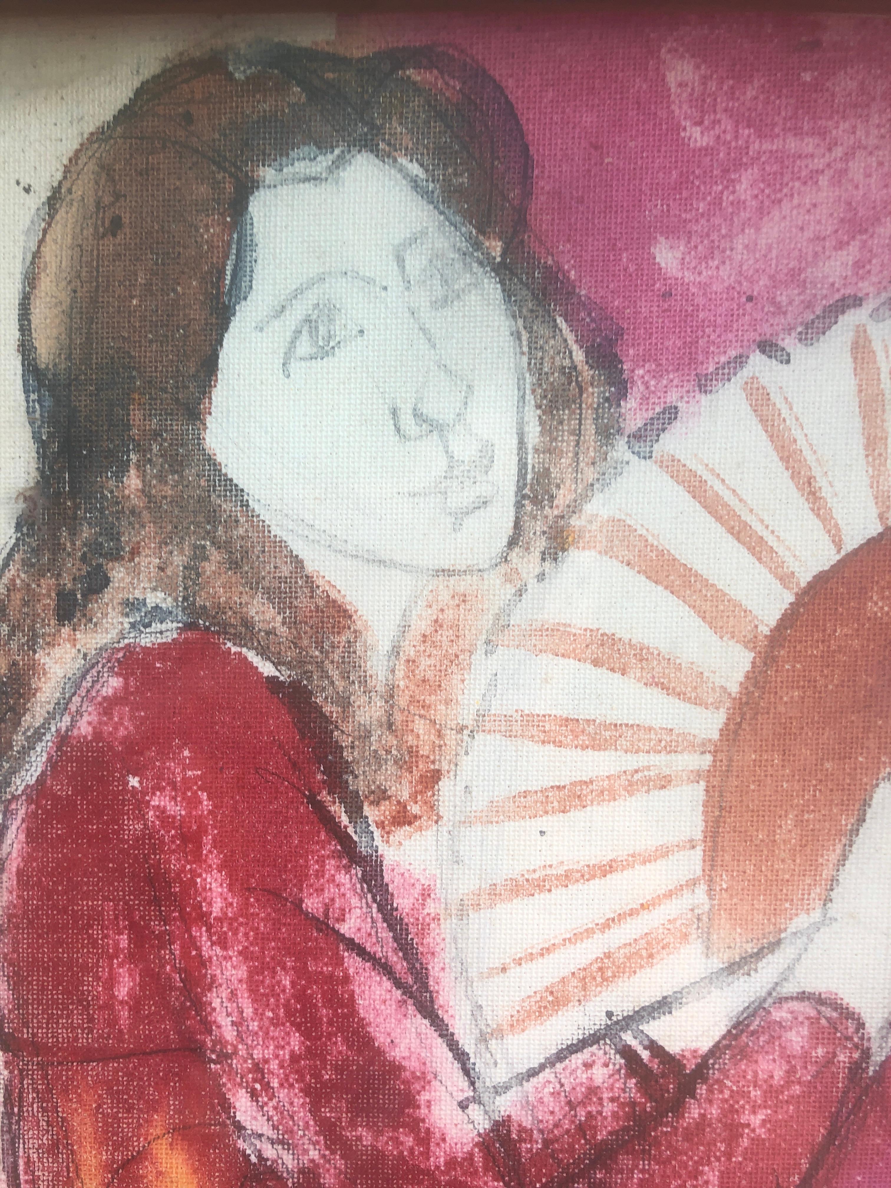 Woman with fan mixed media painting For Sale 1