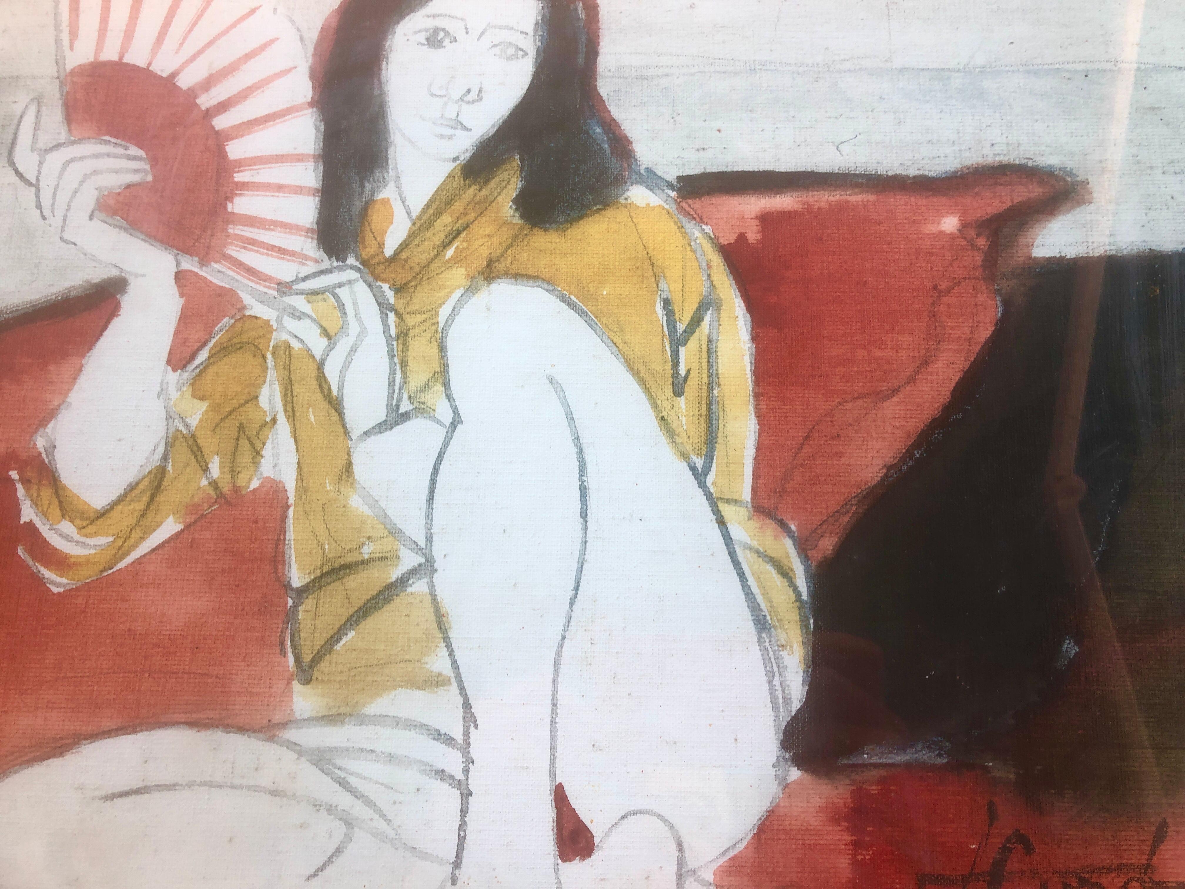 Frau mit Fächergemälde, Mischtechnik-Gemälde im Angebot 1