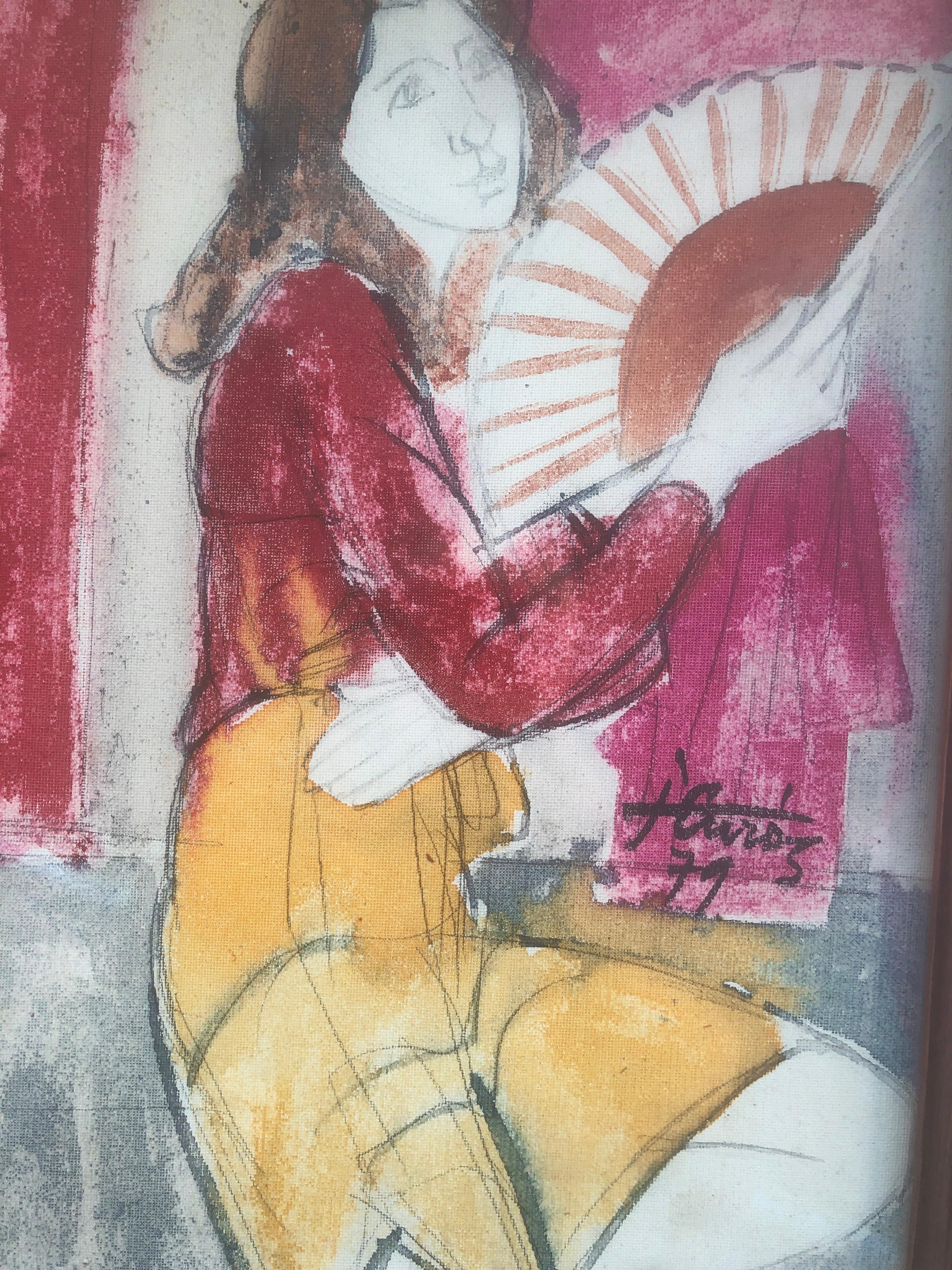 Woman with fan mixed media painting For Sale 3
