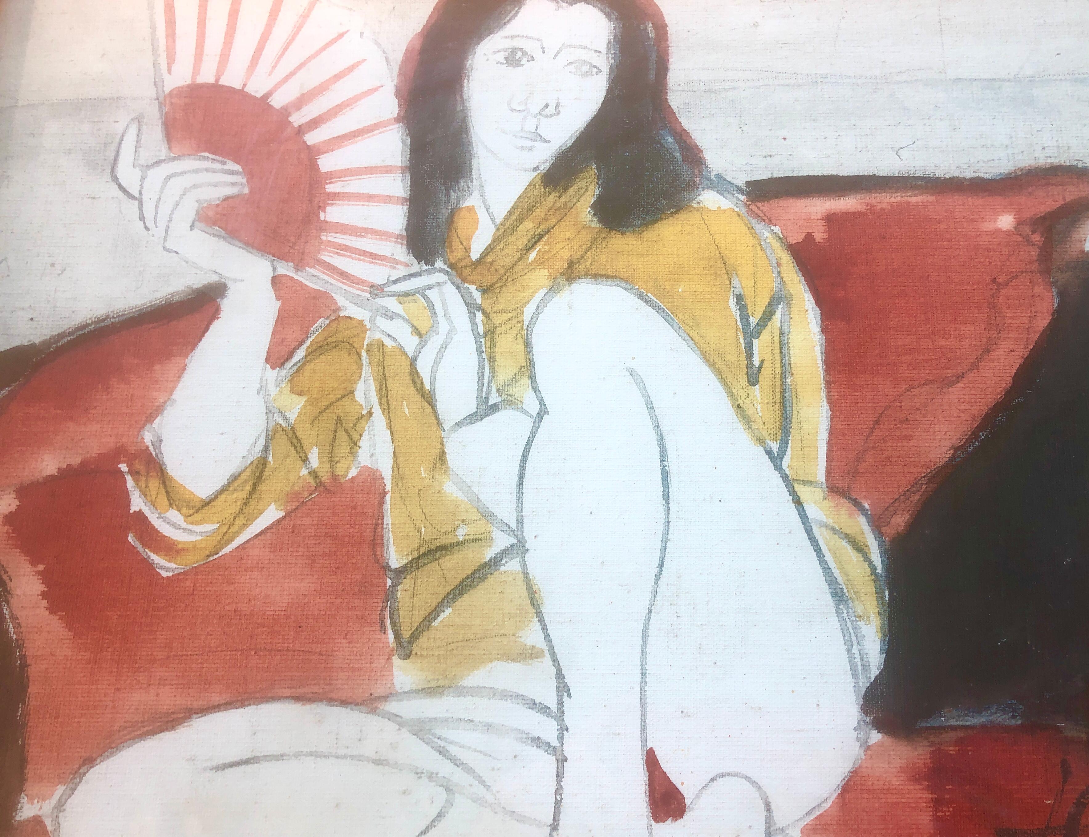 Frau mit Fächergemälde, Mischtechnik-Gemälde im Angebot 3