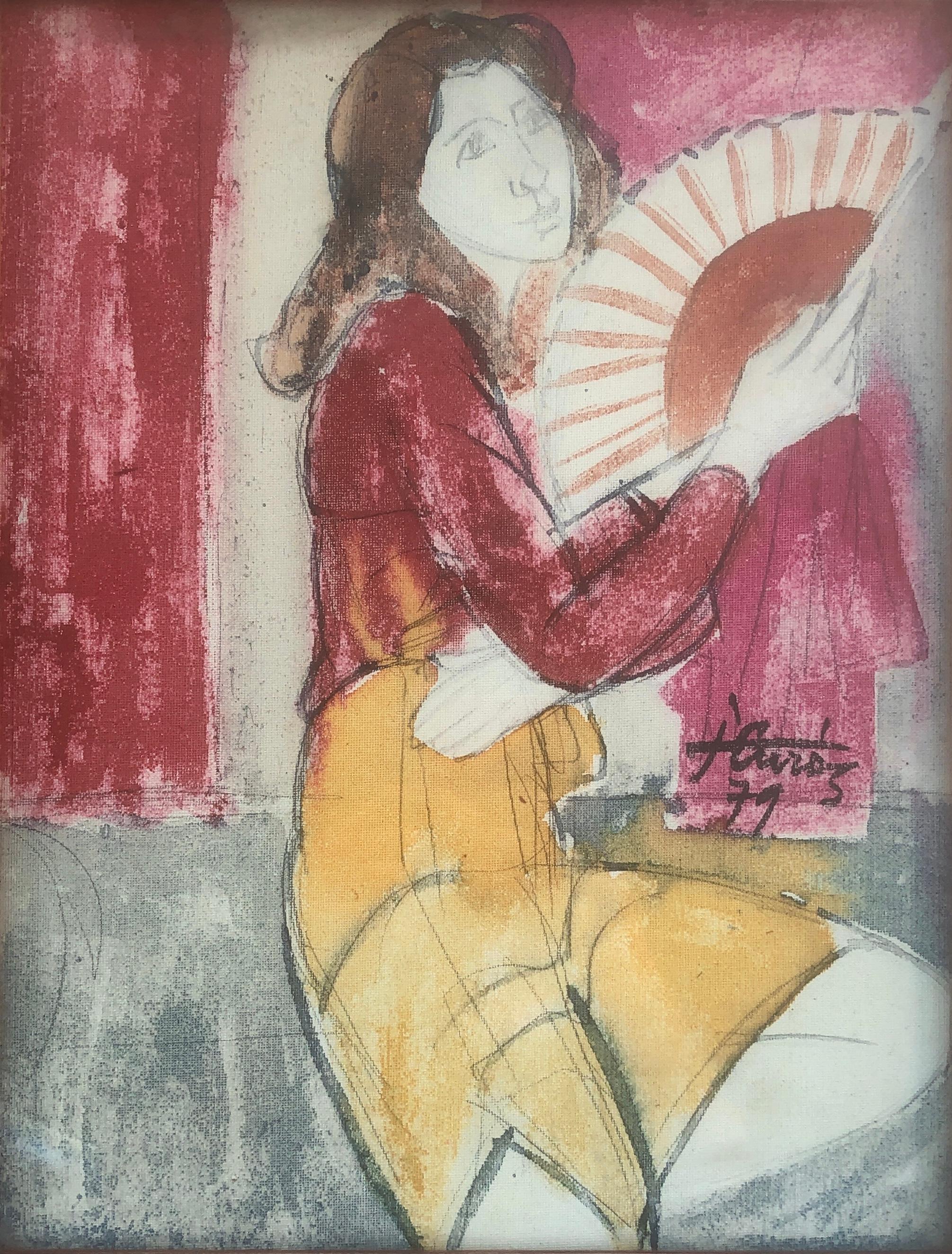 Jordi Curos Interior Painting – Frau mit Fächergemälde, Mischtechnik-Gemälde