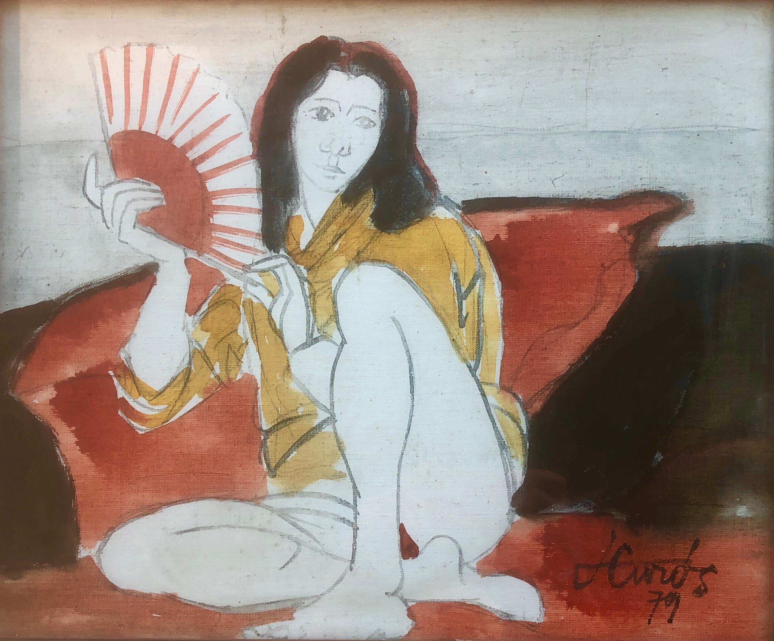 Jordi Curos Portrait Painting – Frau mit Fächergemälde, Mischtechnik-Gemälde