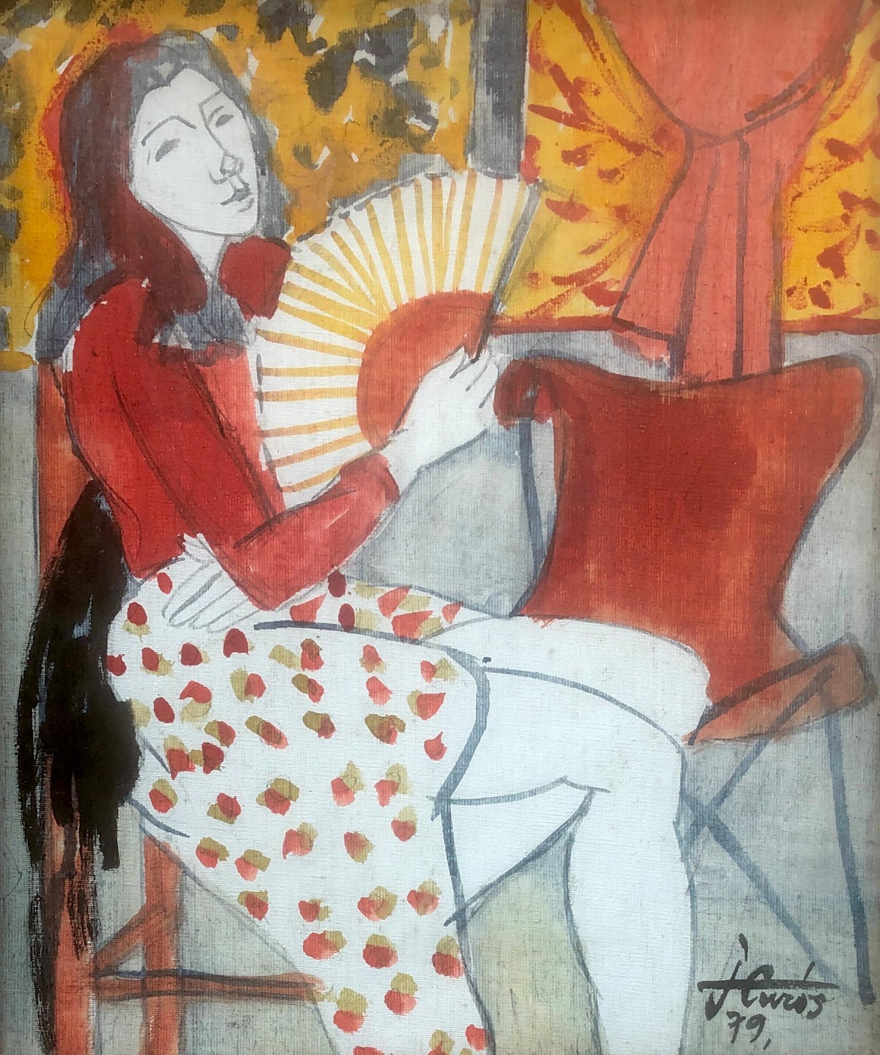 Frau mit Fächergemälde, Mischtechnik-Gemälde