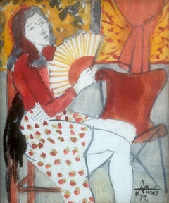 Woman with fan mixed media painting