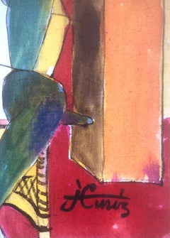 Woman with Guitar Mixed Media Painting, Fauvist Style, Circa 1980s