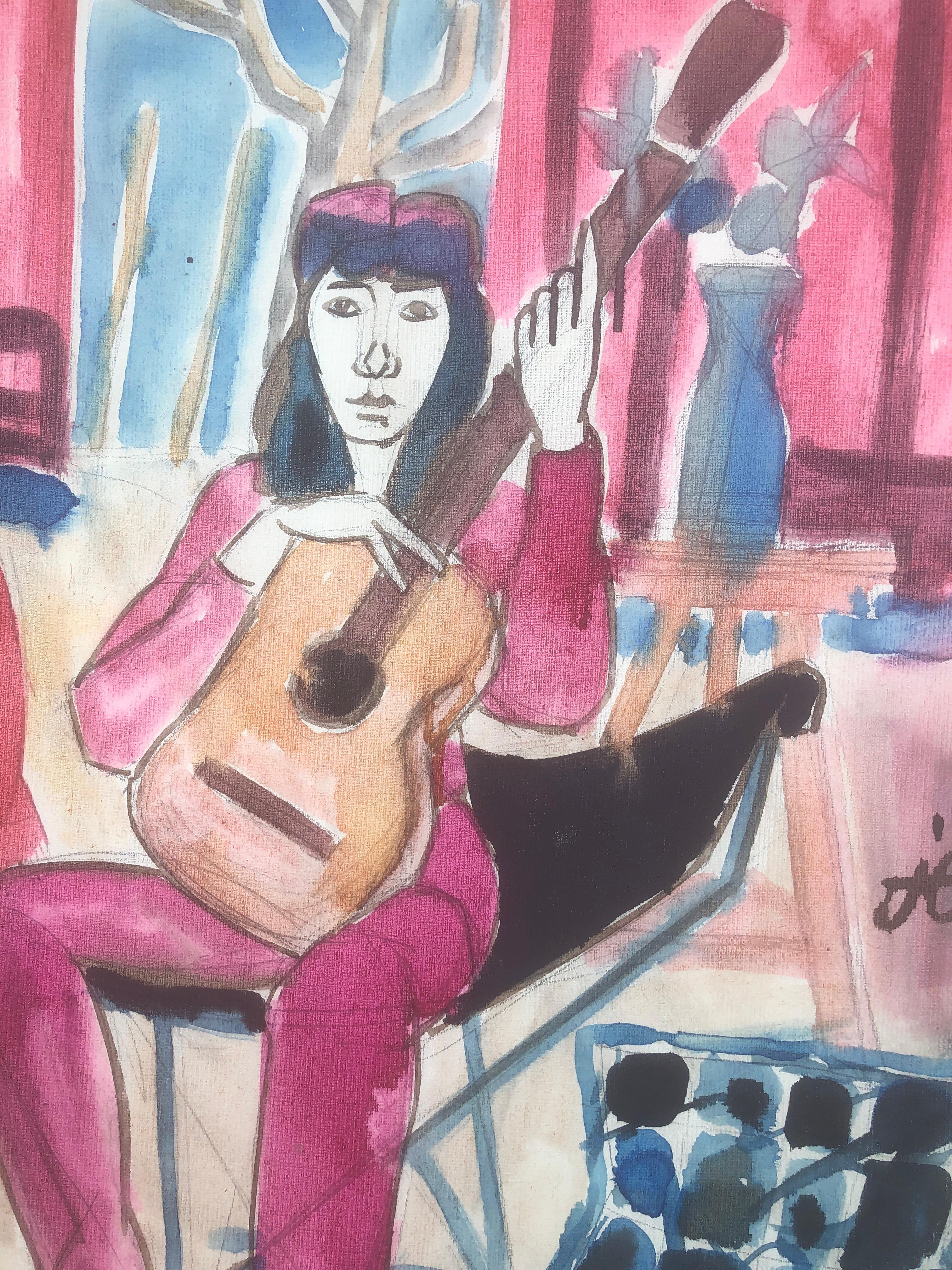 woman with guitar mixed media painting - Brown Interior Painting by Jordi Curos