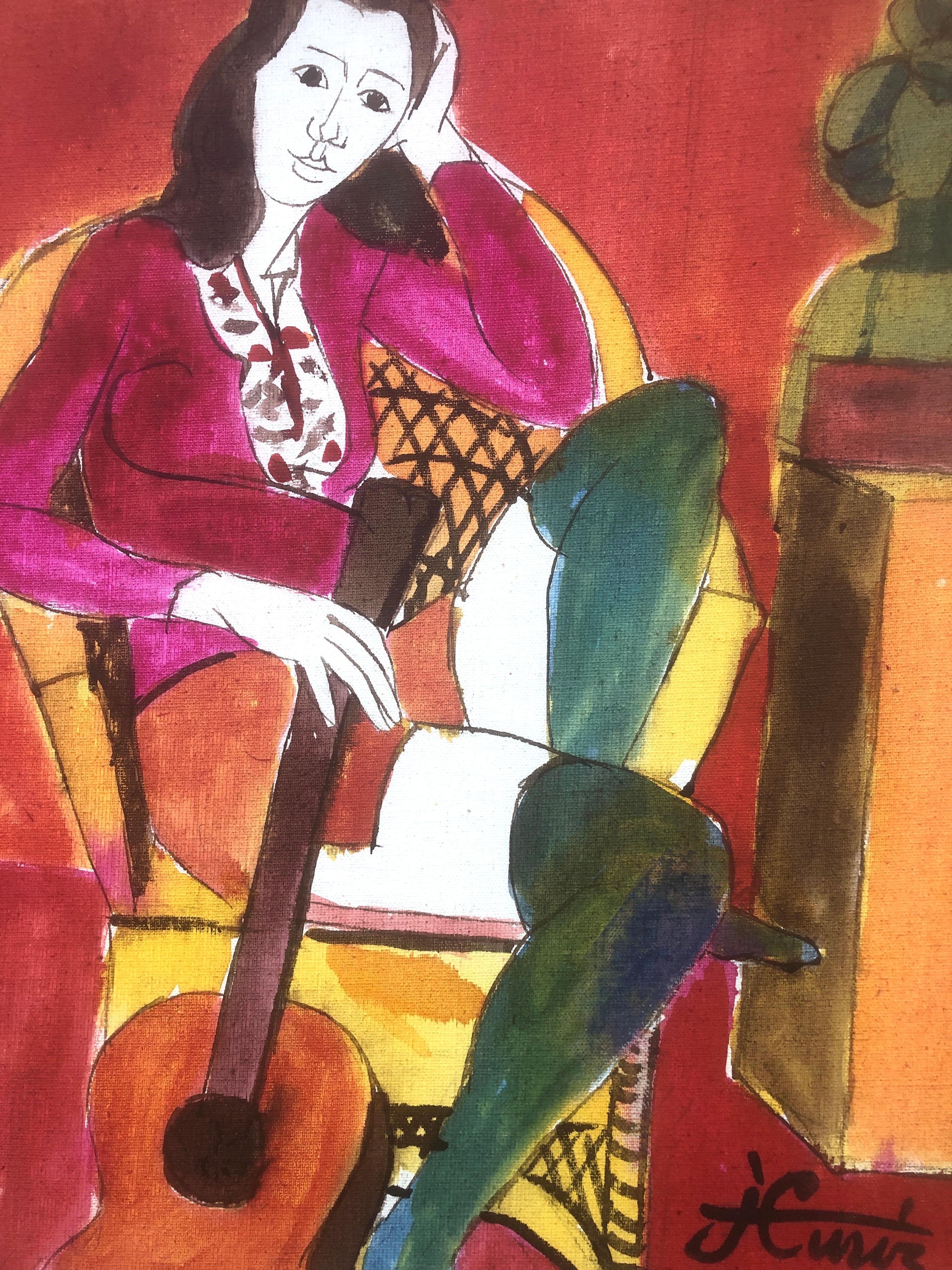 woman with guitar mixed media painting For Sale 2