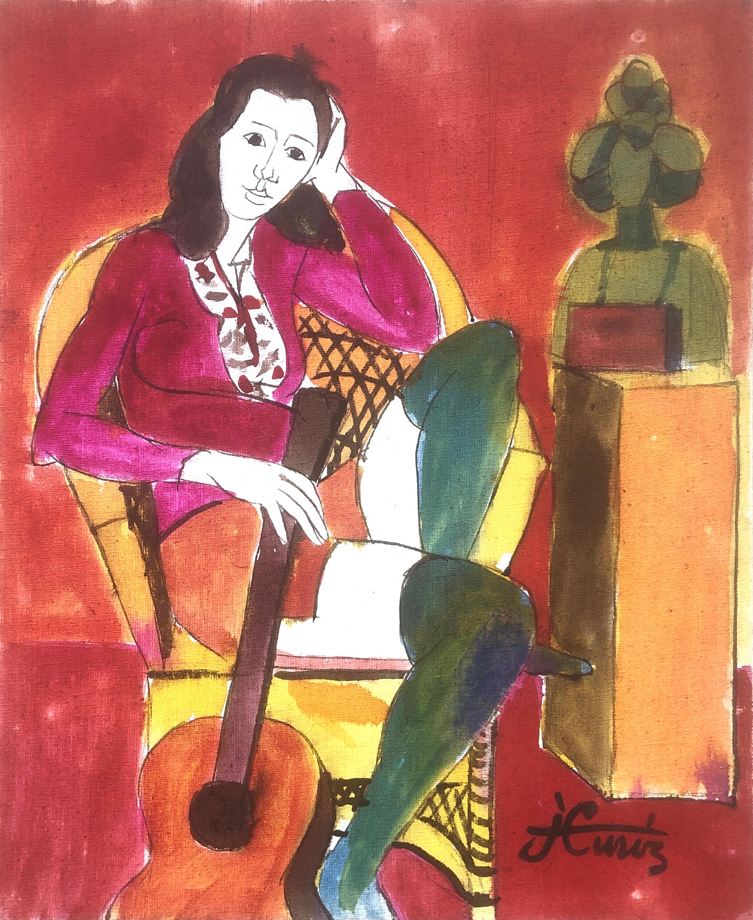 woman with guitar mixed media painting