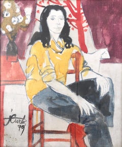 Woman with pink stockings mixed media painting