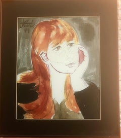 Young Woman Watercolor Painting, Fauvist Style, Framed, 1970s