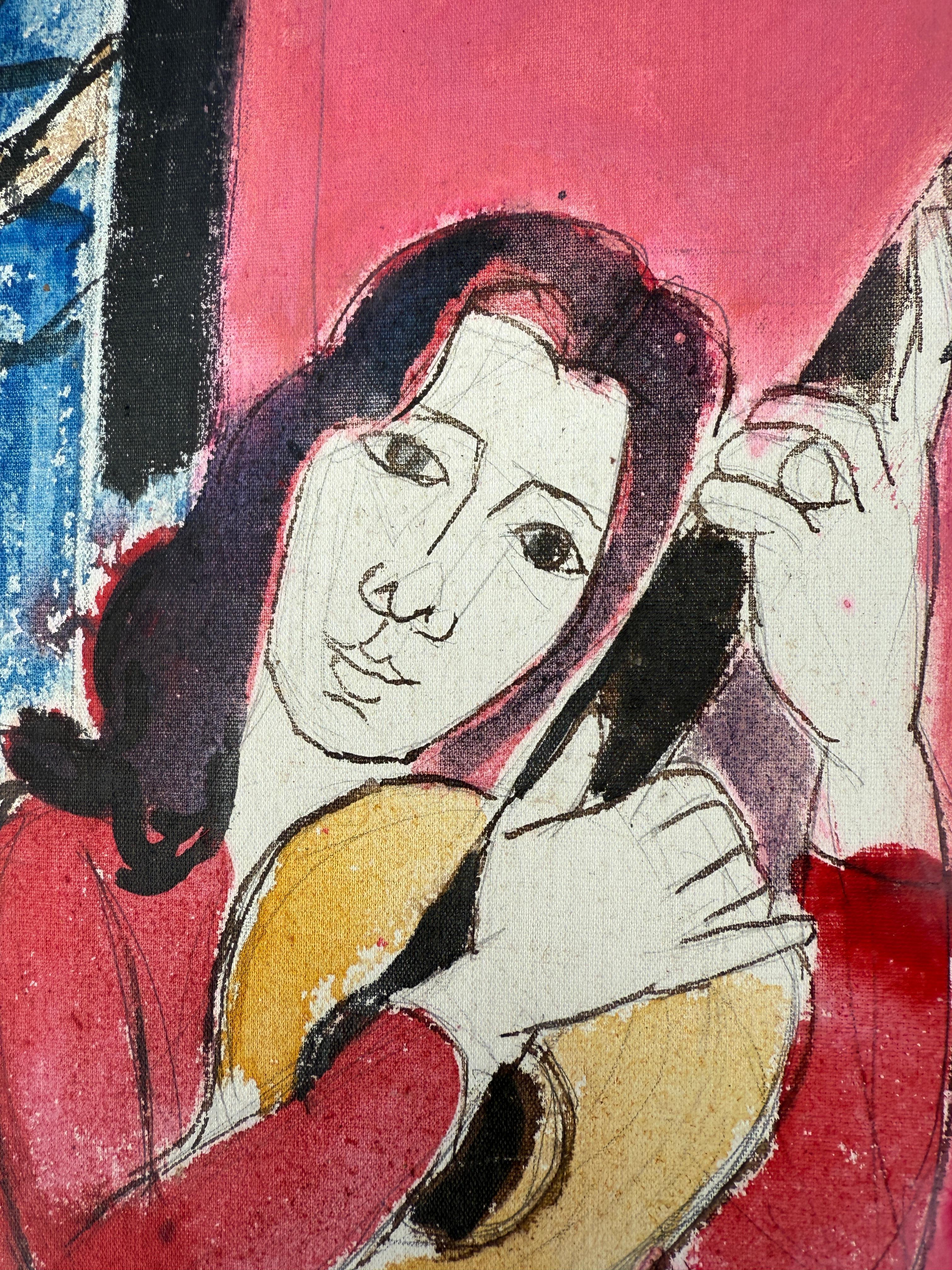 Femme à la guitare peinture mixte en vente 1