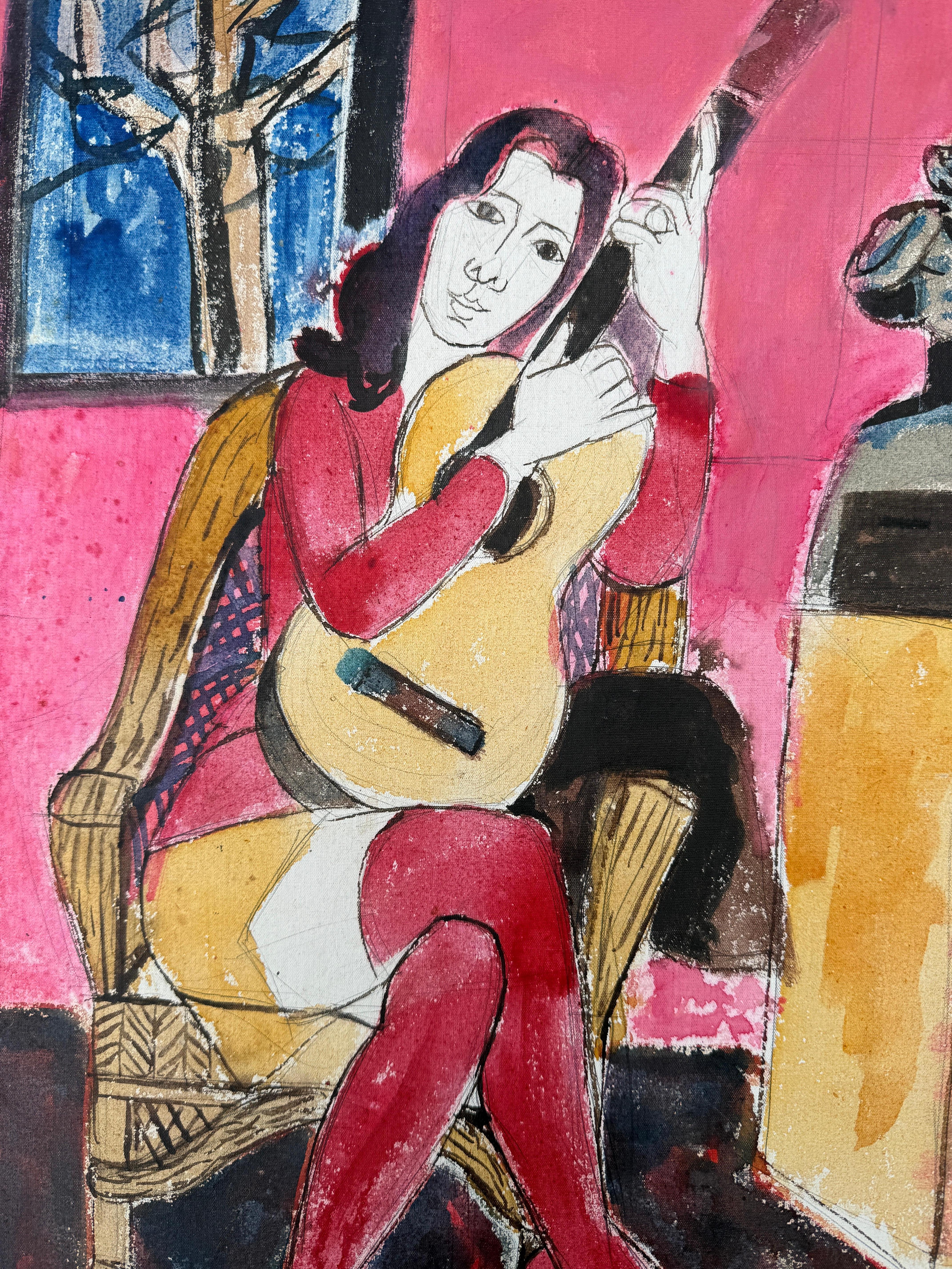 Femme à la guitare peinture mixte en vente 4
