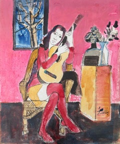 Donna con chitarra pittura a tecnica mista