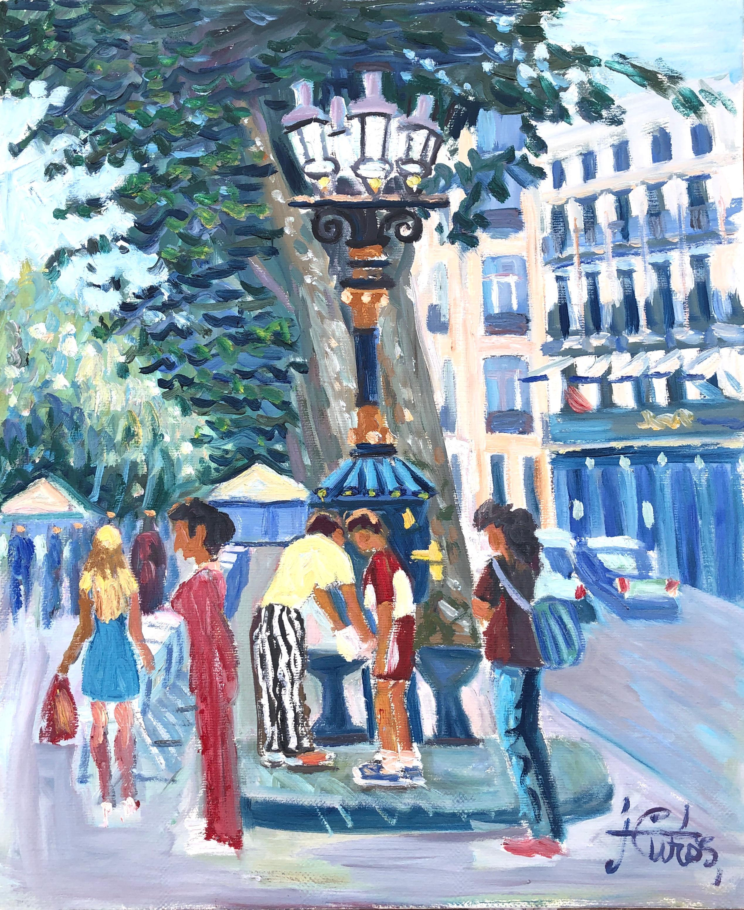 Las Ramblas Barcellona Spagna olio su tela pittura paesaggio urbano spagnolo