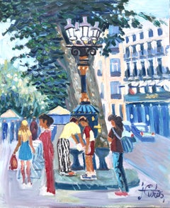 Las Ramblas Barcelona Spain oil on canvas painting spanish urbanscape