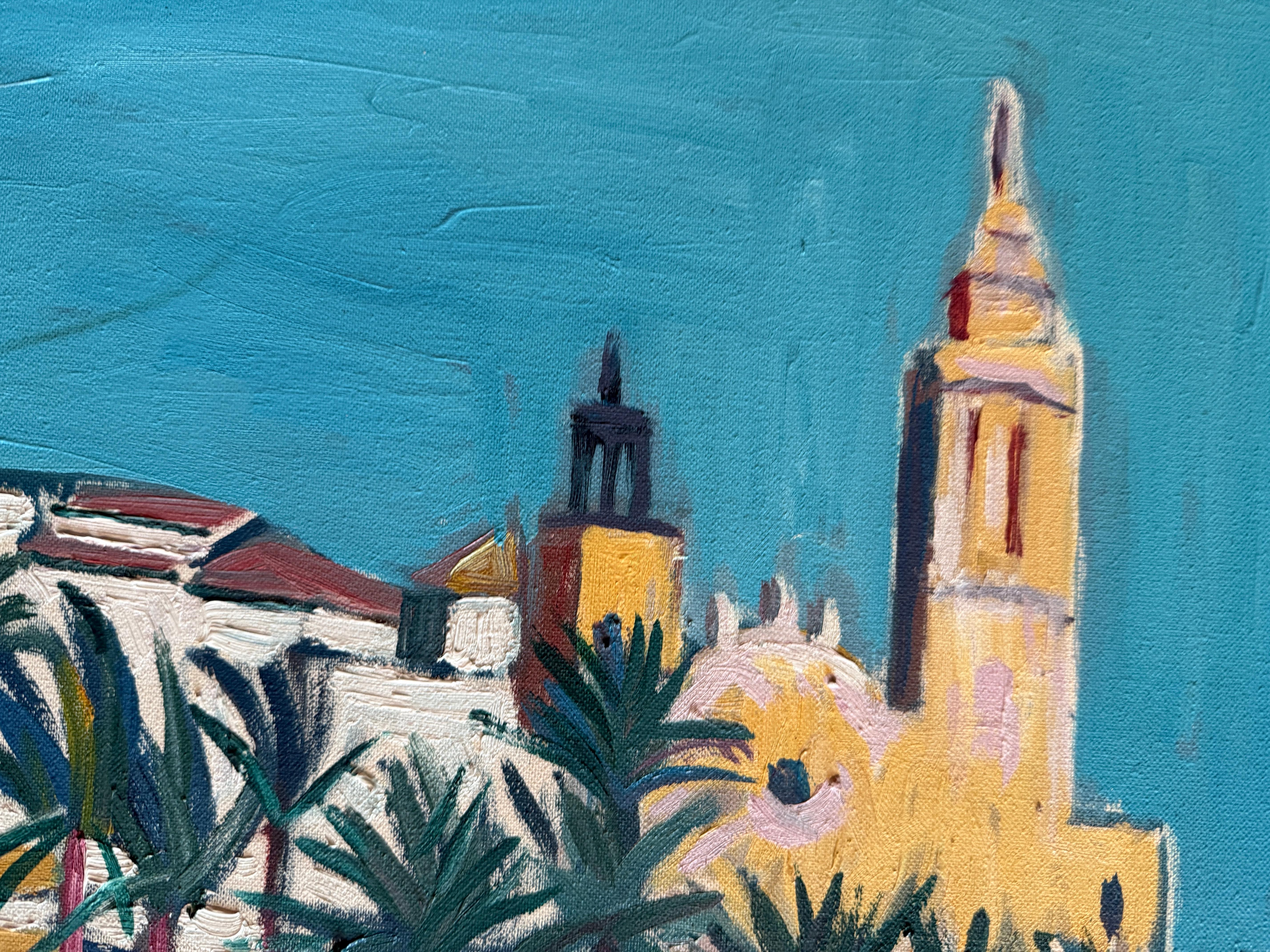 Sitges óleo sobre lienzo pintura España pueblo mediterráneo arte europeo en venta 1