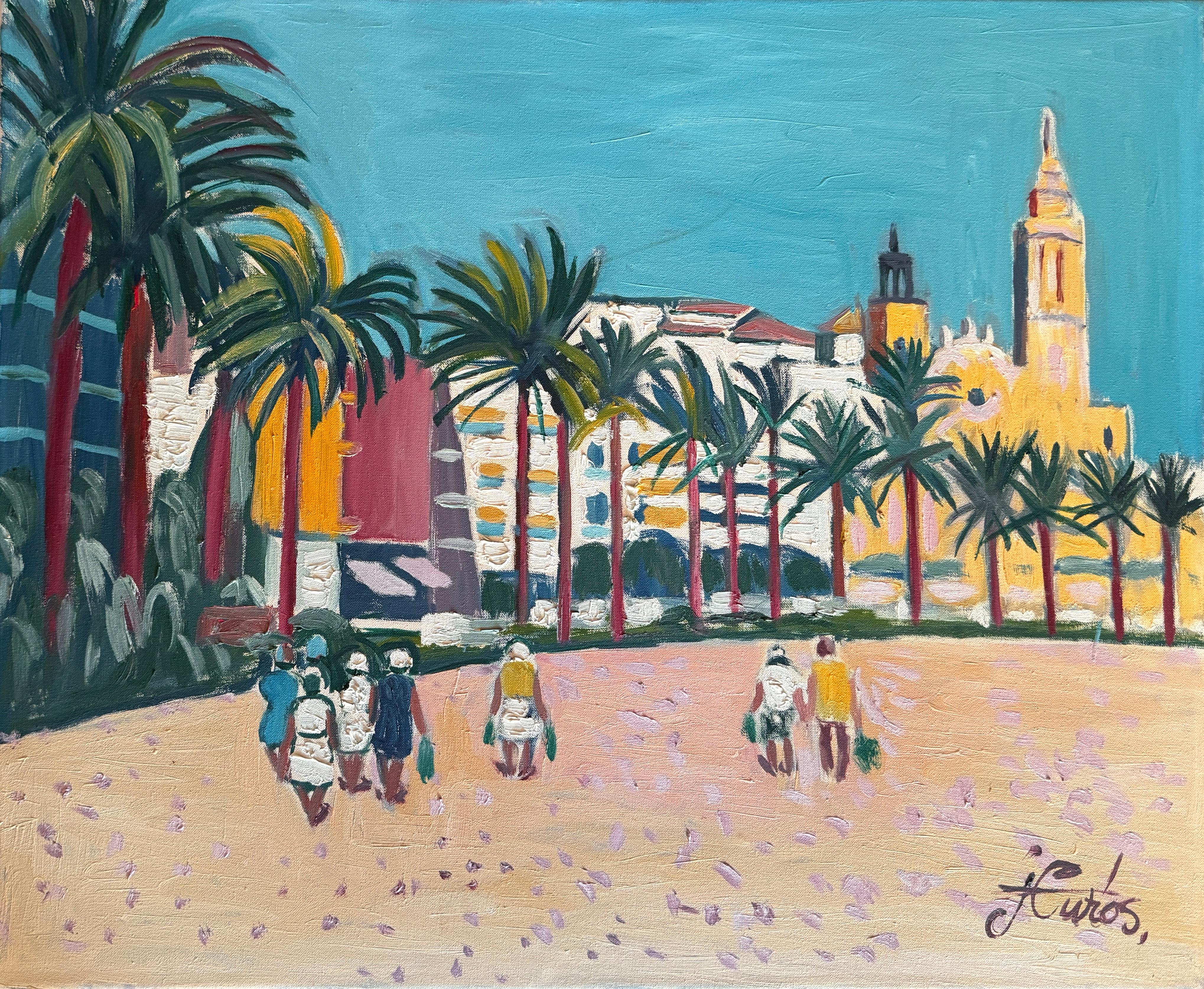 Sitges olio su tela pittura Spagna villaggio mediterraneo arte europea