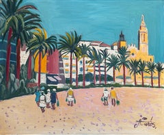 Sitges oil on canvas painting Spain mediterranean village european art